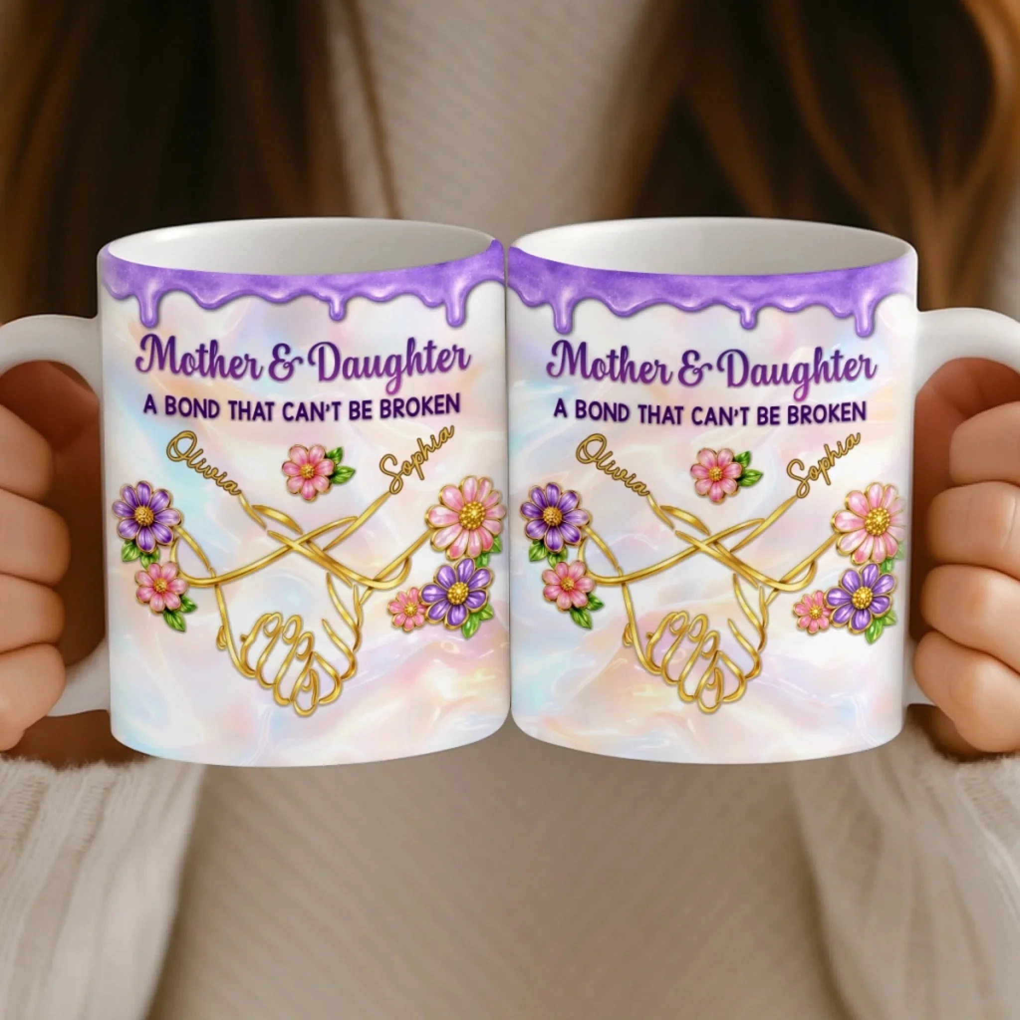 Mother & Daughter A Bond That Can't Be Broken - Personalized White Edge-to-Edge Mug - Gift For Mom, Grandma HN02 - Image 4