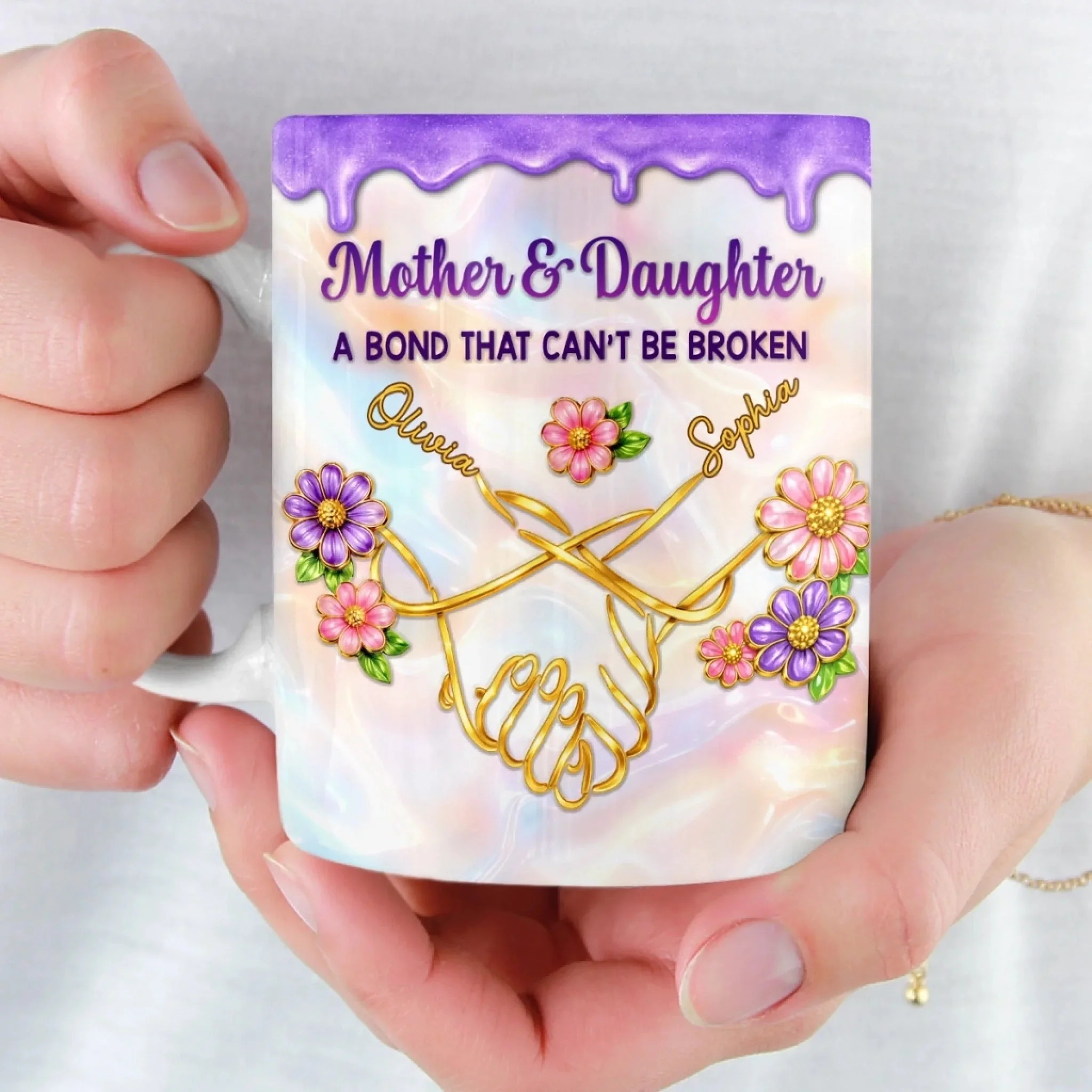 Mother & Daughter A Bond That Can't Be Broken - Personalized White Edge-to-Edge Mug - Gift For Mom, Grandma HN02 - Image 5