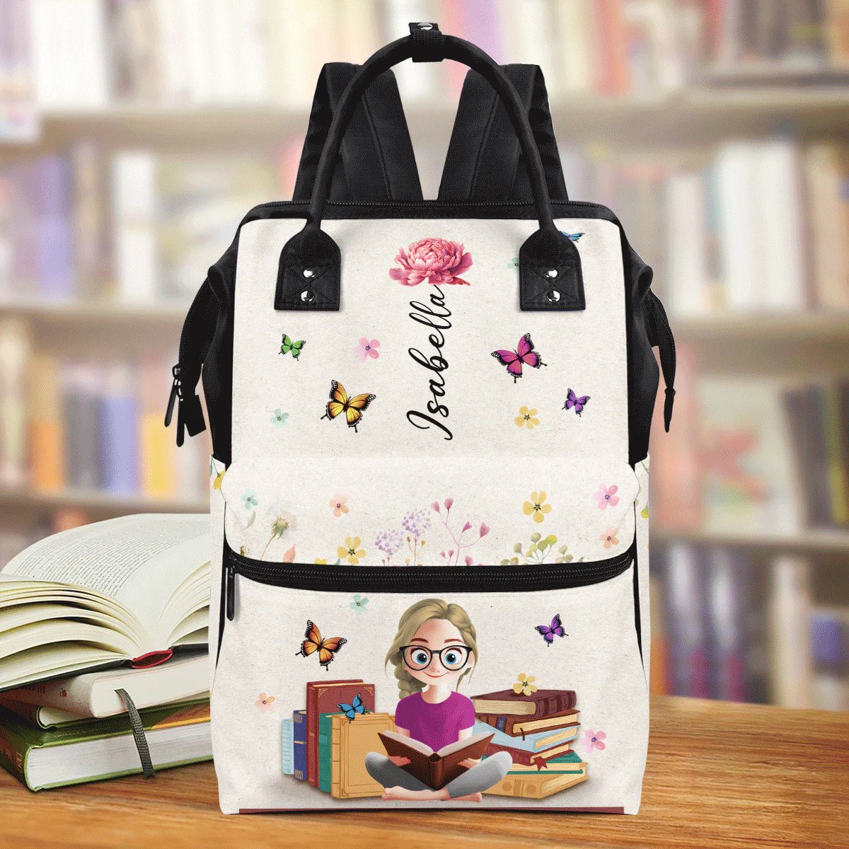 My Books & Birth Flower - Personalized Duckbilled Backpack - Gift For Book Lovers, Readers, Women |  CLB2 HN02