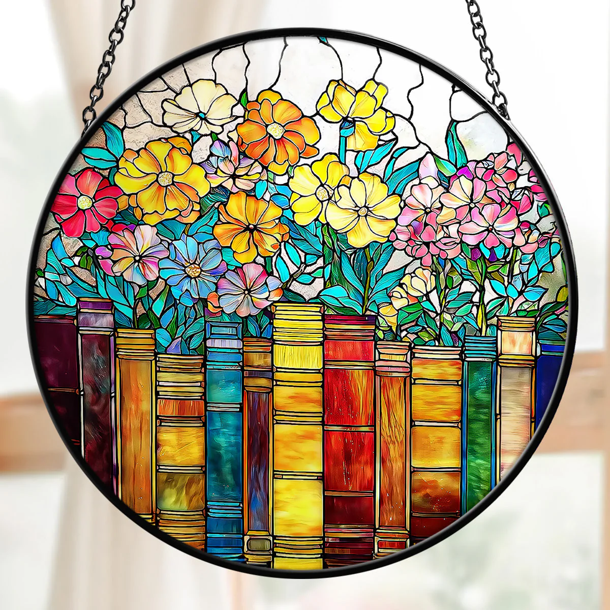 My Colorful Floral Bookcase - Personalized Stained Glass Window Hanging Suncatcher - Gift For Book Lovers, Her HH01