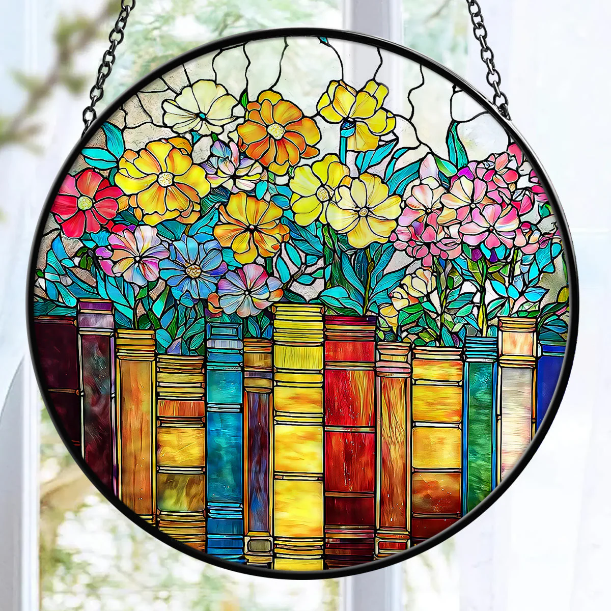 My Colorful Floral Bookcase - Personalized Stained Glass Window Hanging Suncatcher - Gift For Book Lovers, Her HH01 - Image 2