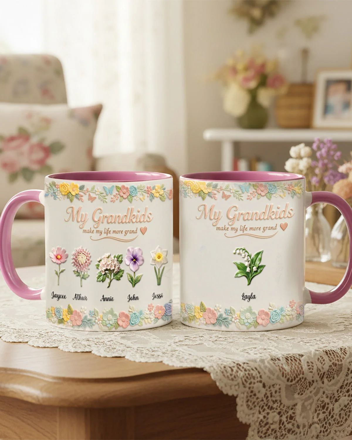 My Grandkids Make My Life More Grand Floral - Personalized Accent Mug - Gift For Mom, Grandma HN02 - Image 2