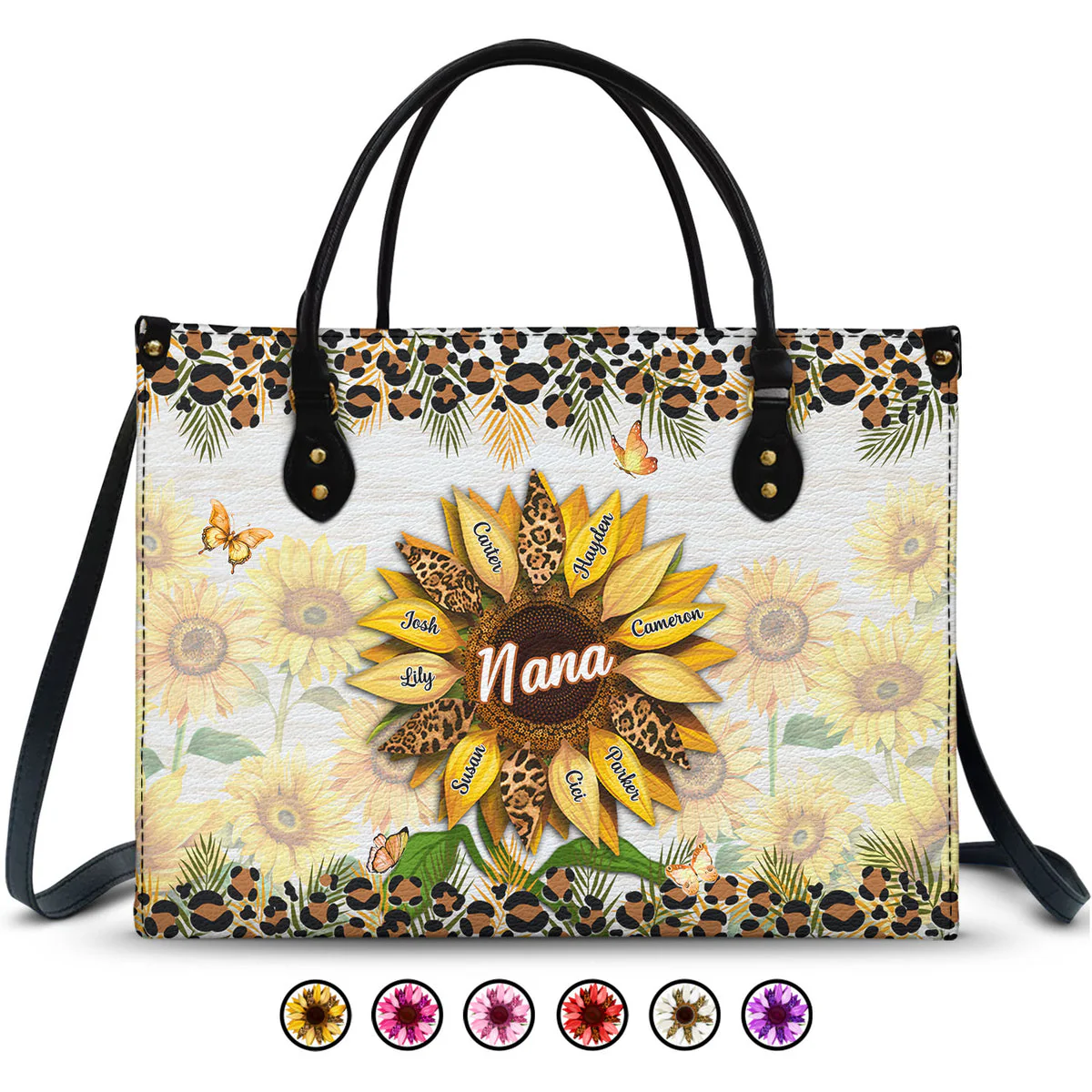Nana, Mom, Auntie Sunflower - Personalized Leather Bag - Loving Gift For Mother, Grandma, Grandmother, Mother's Day | NA94