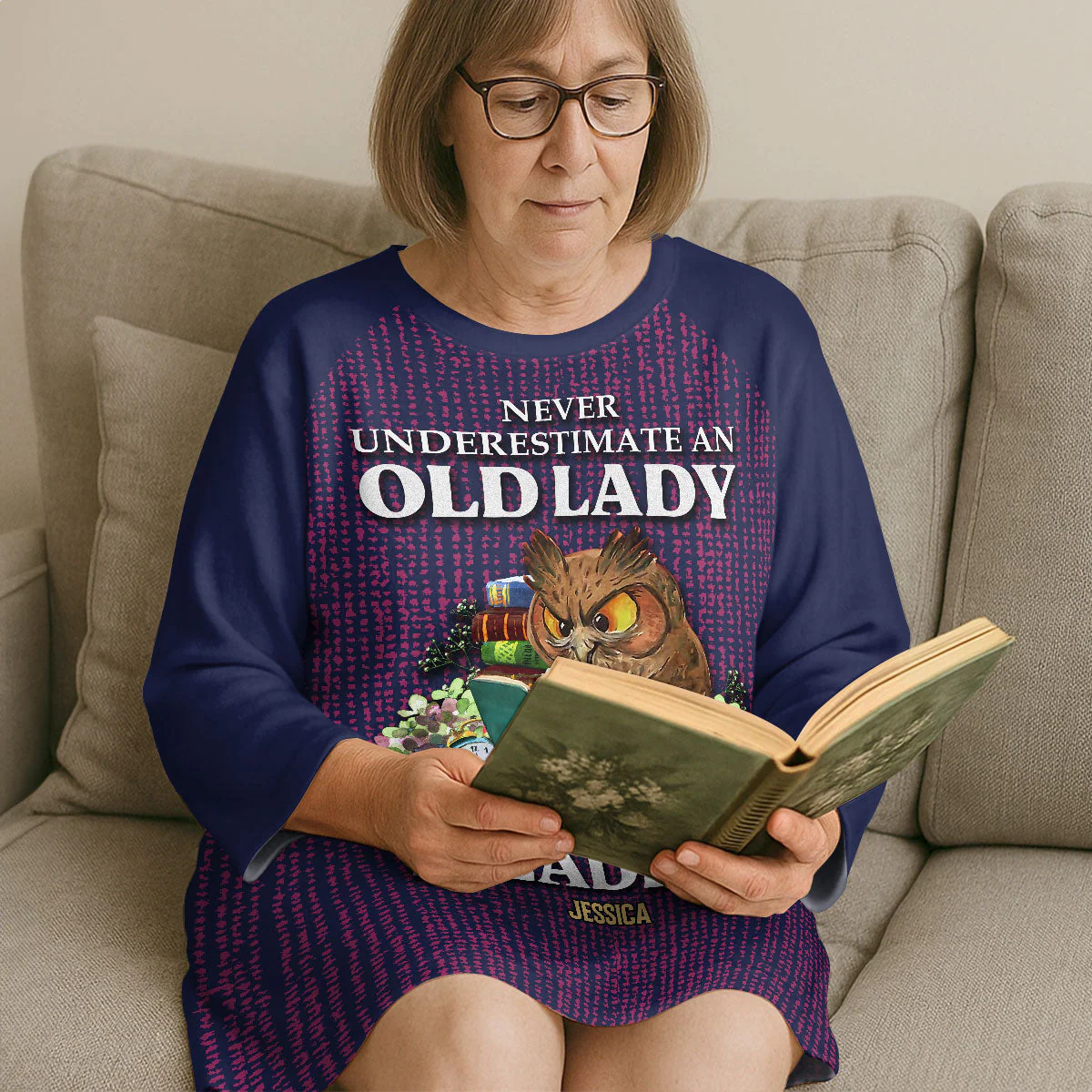 Never Underestimate An Old Lady Who Loves Reading - Personalized Sleep Tee - Image 2