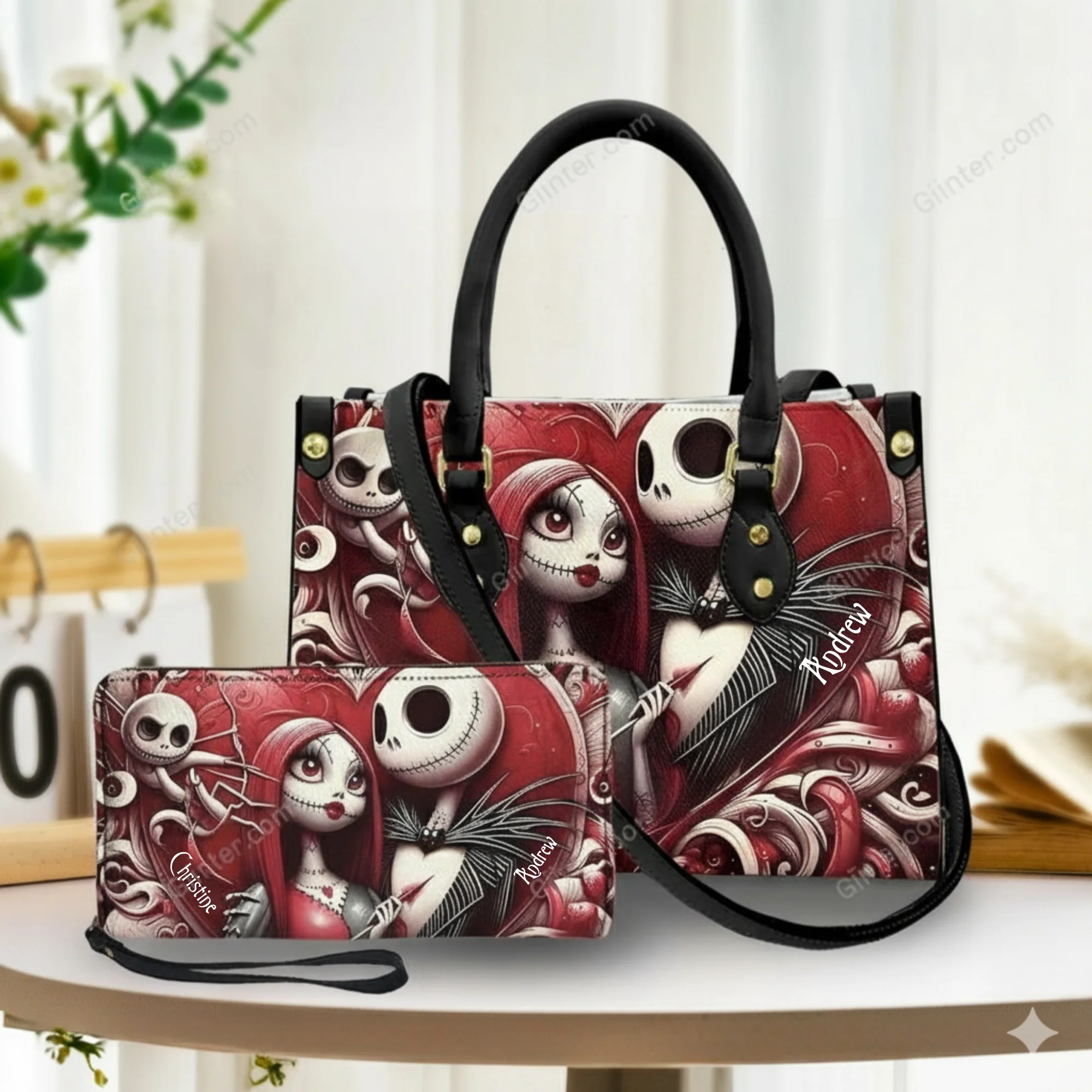 Gothic Skeleton Couple Nibc - Personalized Leather Bag Free Wallet Deal NL122 - Image 2