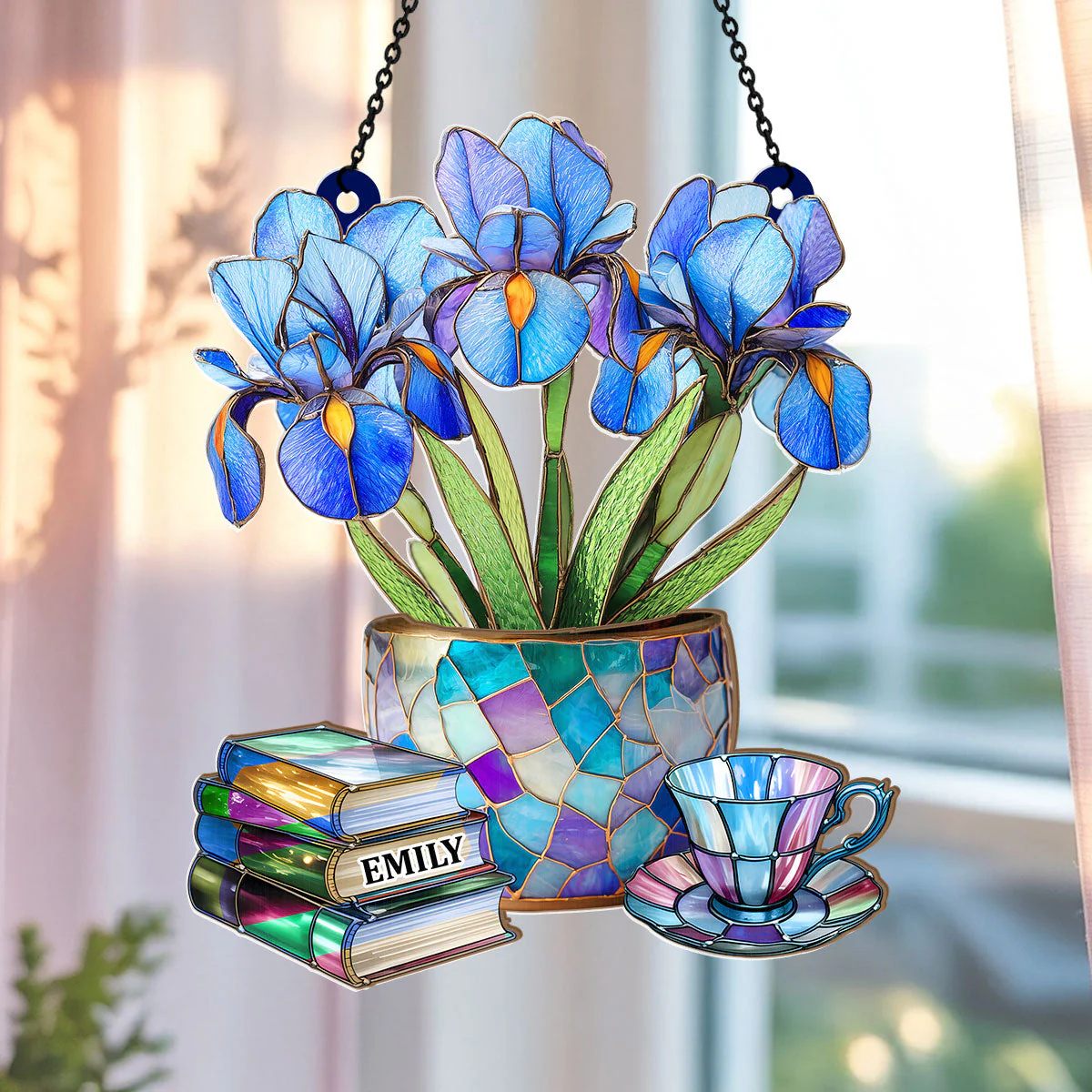 Nostalgic Iris, Books, And Tea - Personalized Window Hanging Suncatcher - Gift For Her, Readers HH01
