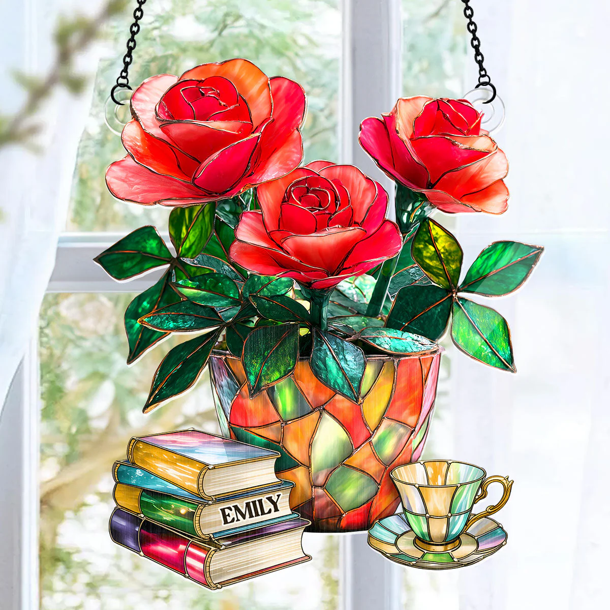 Nostalgic Roses, Books, And Tea - Personalized Window Hanging Suncatcher - Image 4