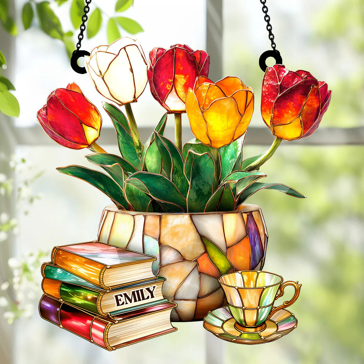 Nostalgic Tulips, Books, And Tea - Personalized Window Hanging Suncatcher - Image 5