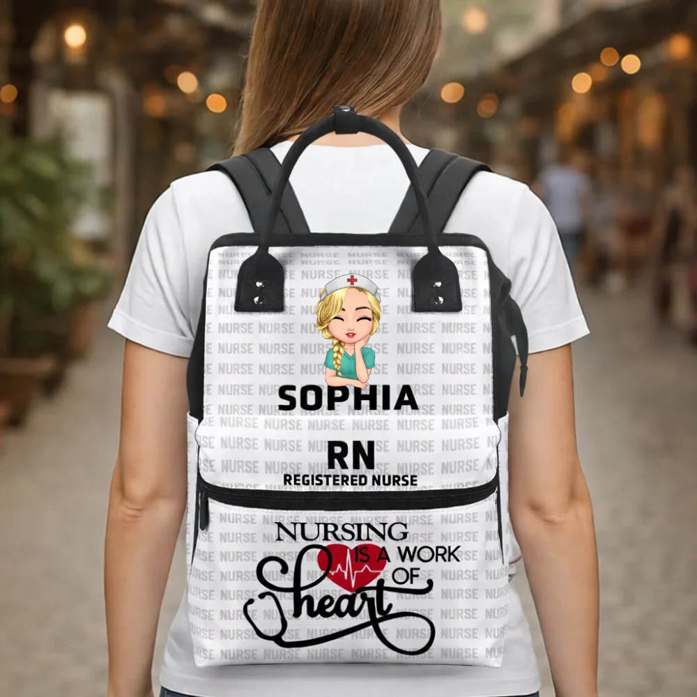 Nursing Is A Work Of Heart - Personalized Duckbilled Backpack - Gift For Nurse HN02 - Image 2