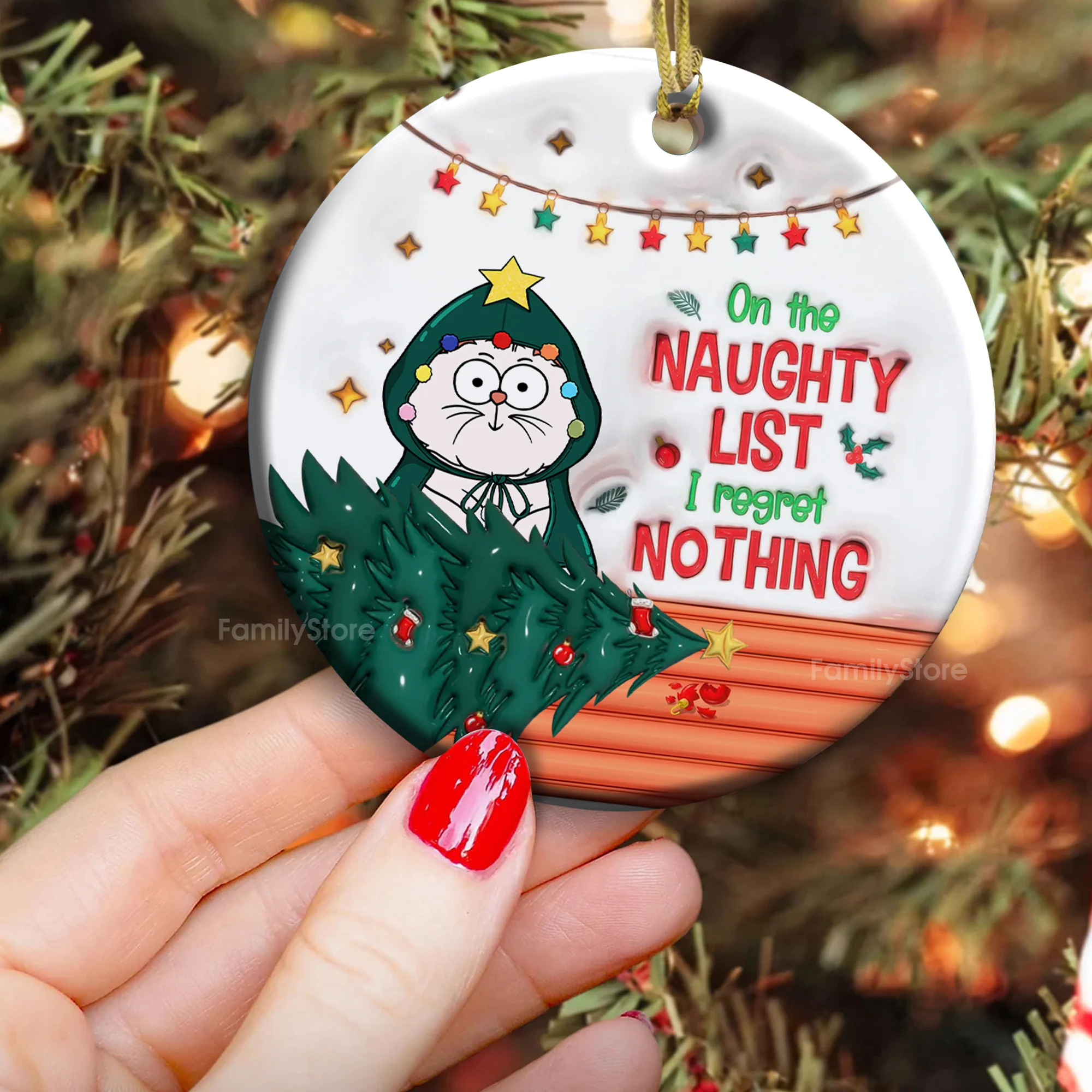 On The Naughty List I Regret Nothing - Gift For Cat Lover, Pet Lovers - Personalized Ceramic Ornament - CLP03 - Image 4