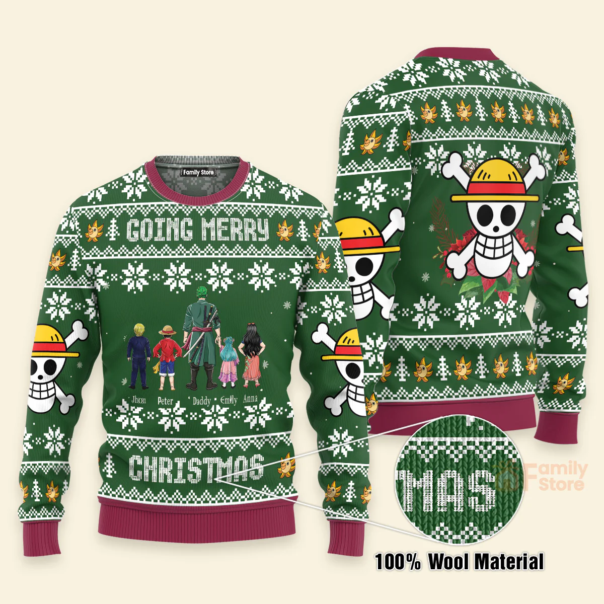 One Piece Family Green Pattern- Personalized Ugly Sweatshirt - Gift for Dad, Grandpa, Husband CL11 NH96 - Image 3