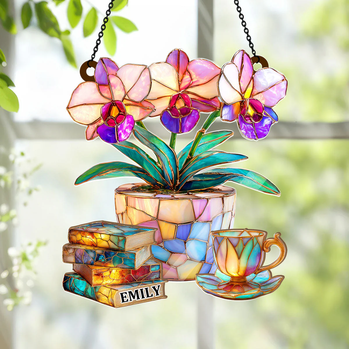 Orchid, Books, And Tea - Personalized Window Hanging Suncatcher - Gift For Her, Readers HH01 - Image 4
