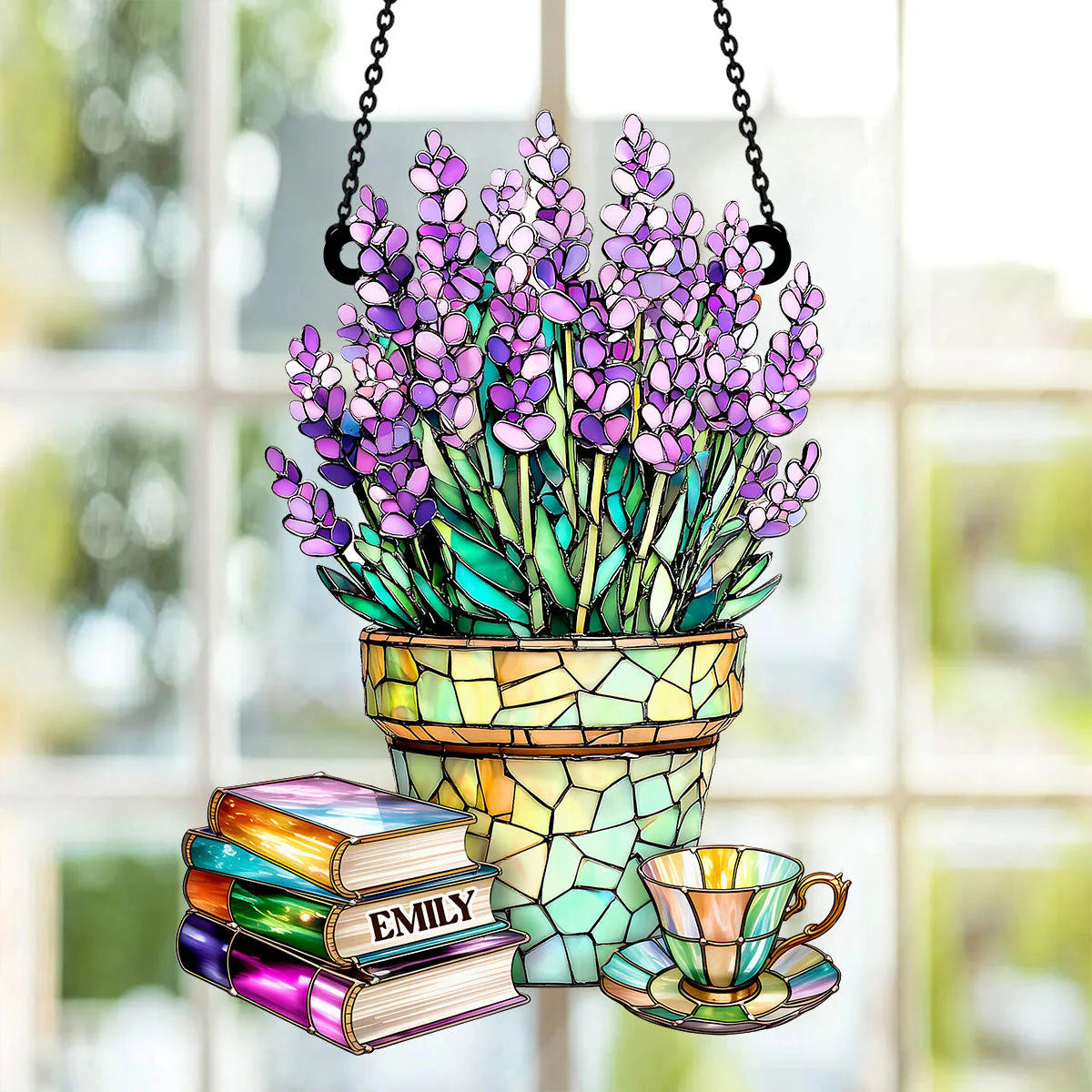 Nostalgic Lavenders, Books, And Tea - Personalized Window Hanging Suncatcher - Image 2