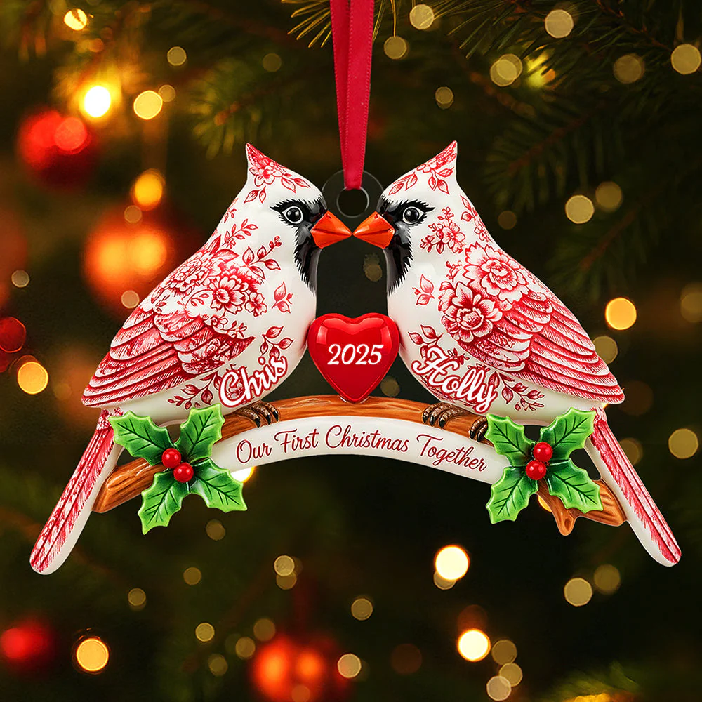 Our First Christmas Together - Couple Cardinal Toile de Jouy - Personalized Acrylic Ornament HH01