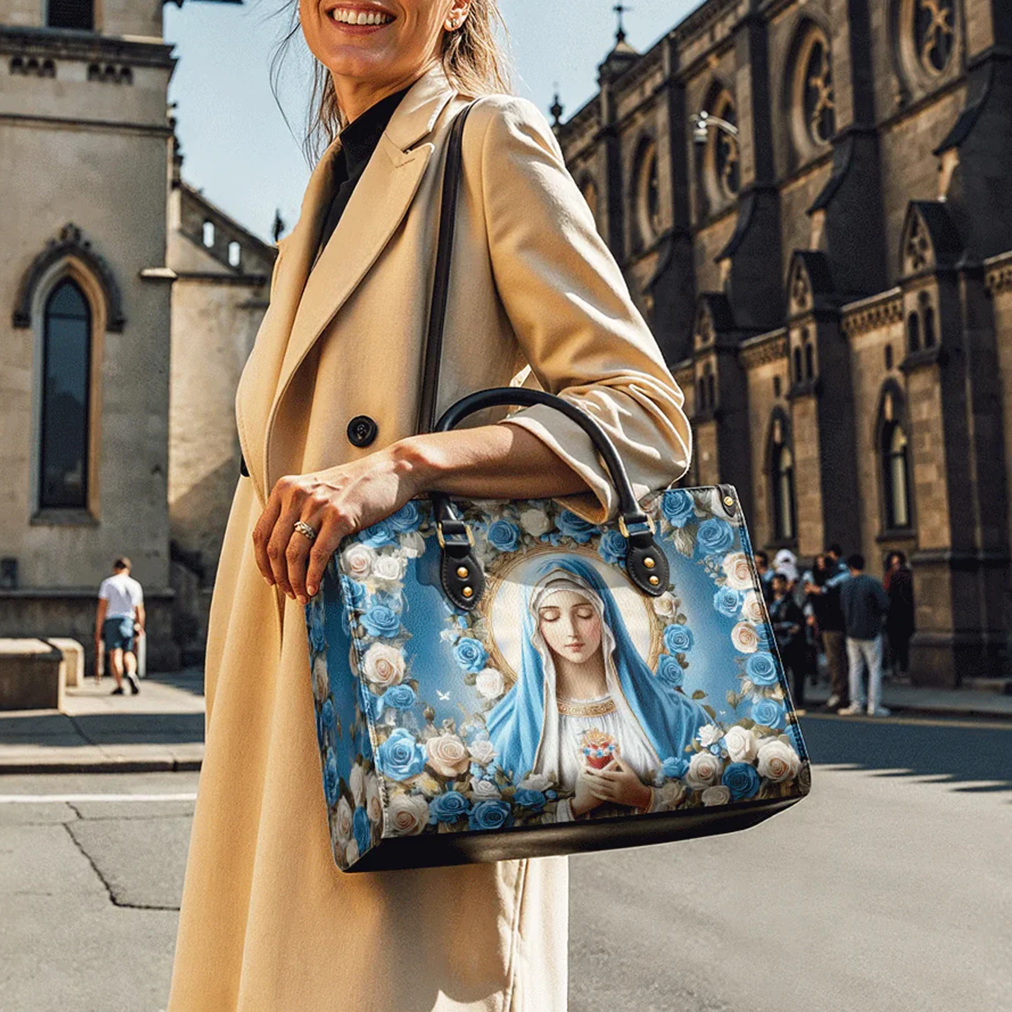 Our Lady Of Grace With Blue Rose - Christian Leather Handbag - Image 4