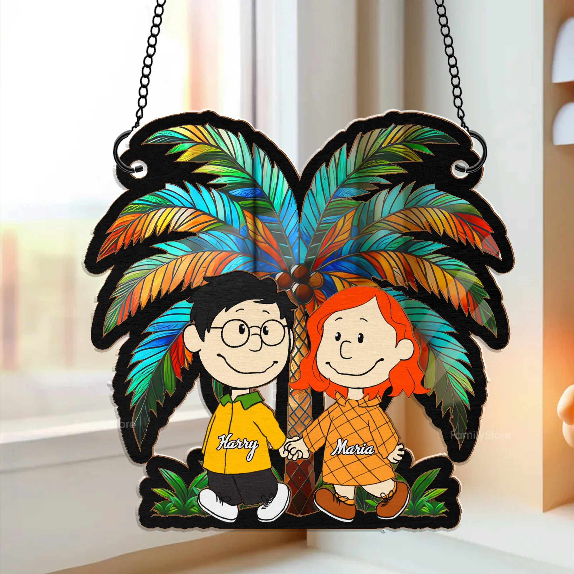 Palm Tree Sunset Peanut - Personalized Window Hanging Suncatcher Ornament - Gift For Couple, Husband Wife | CL43 NH96