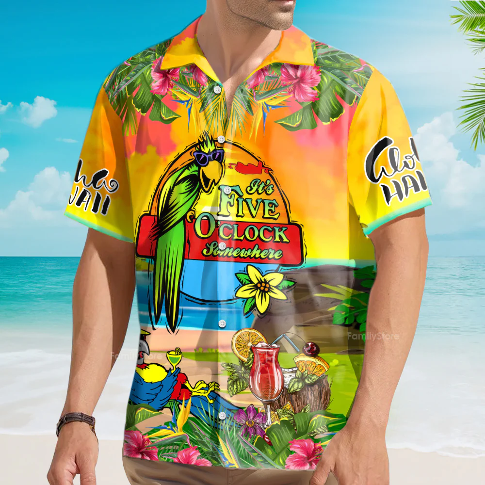 Parrot Tropical Flower It's 5 O'clock Somewhere Yellow Aloha Hawaiian Shirts