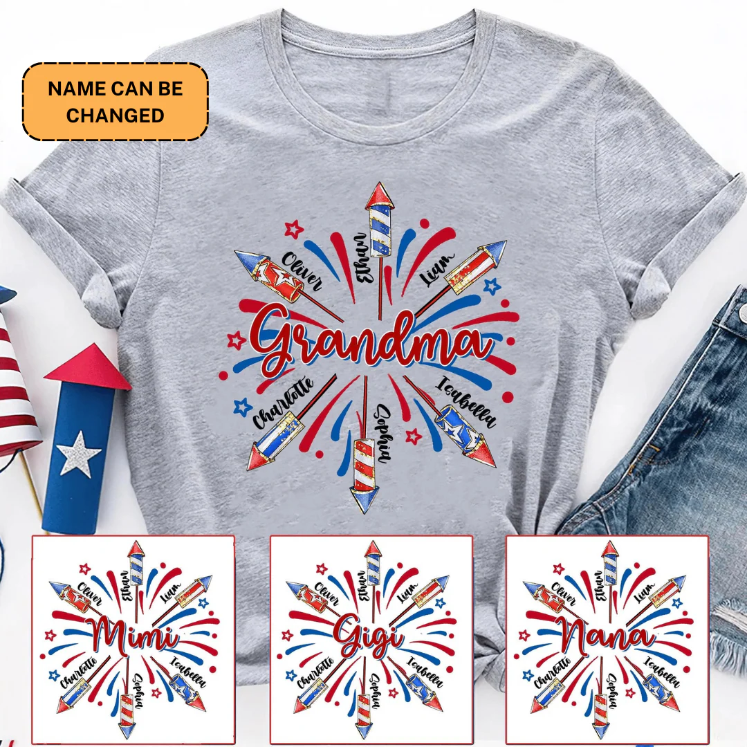 Patriotic 4th of July Grandma With Grandkids Names- Personalized T-shirt - Gift For Grandma, Mother's Day HN02