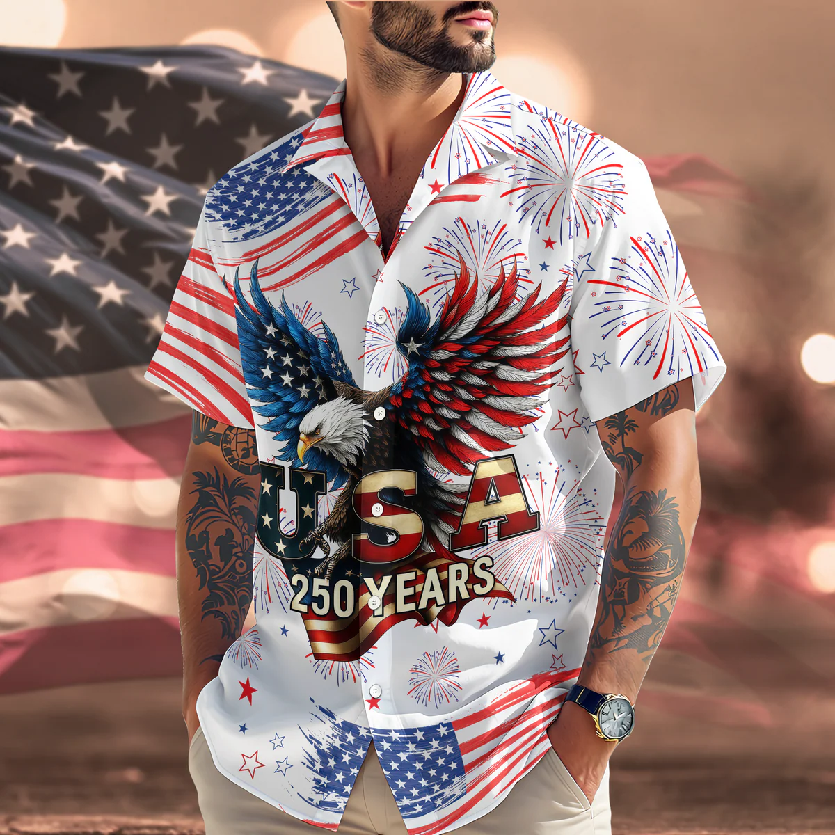 Patriotic Bald Eagle USA 250 Years - Hawaiian Shirt - Gift for Dad, Husband, Grandpa HN02 - Image 4