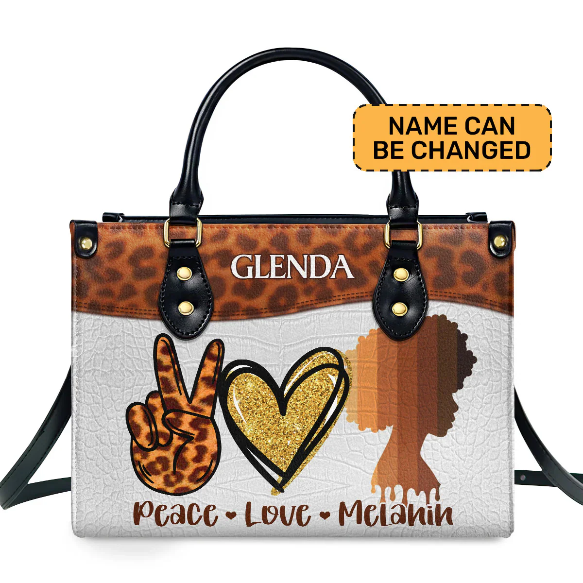 Peace Love Melanin Leopard & Glitter Tote - Personalized Leather Handbag - Gift for Black Women | HD95