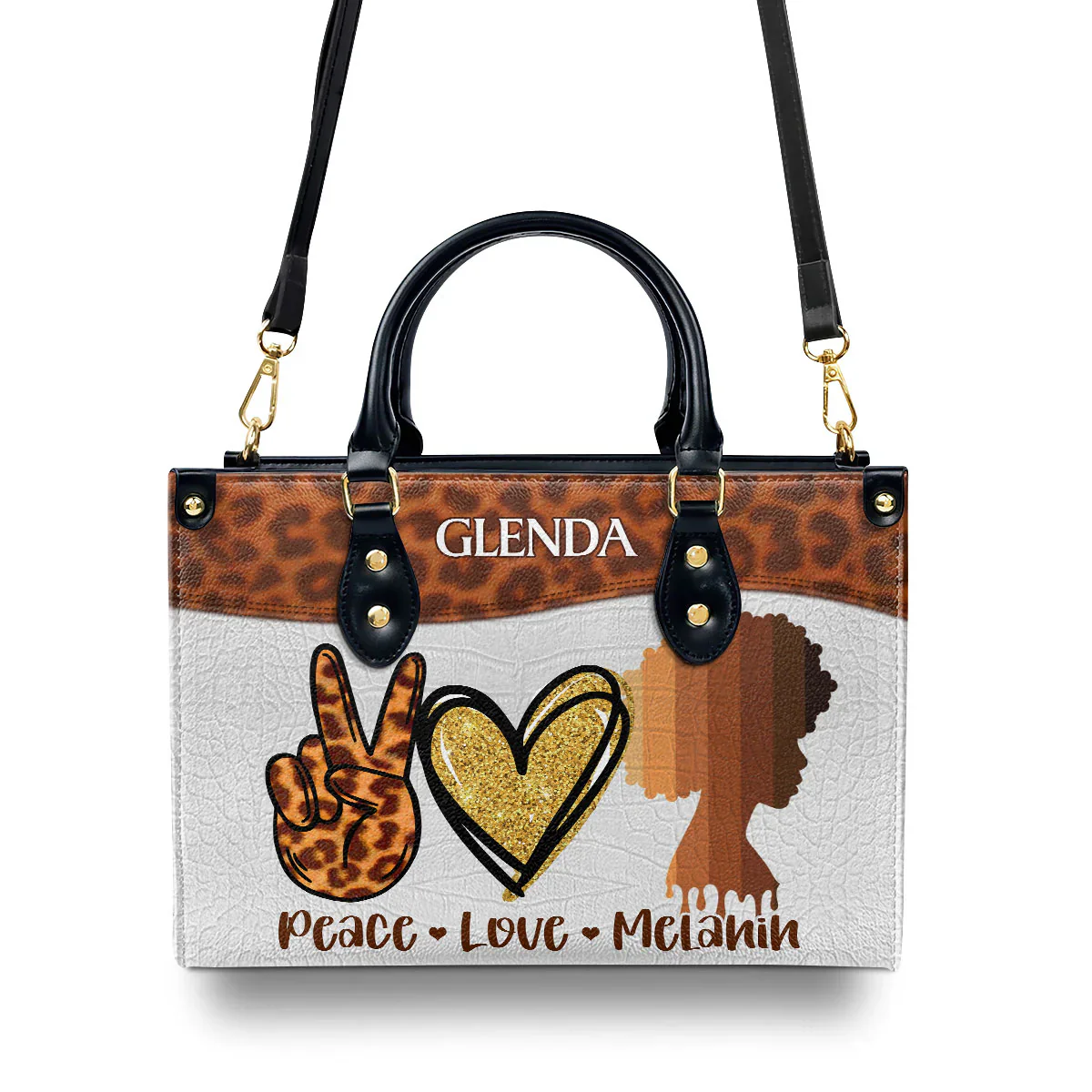 Peace Love Melanin Leopard & Glitter Tote - Personalized Leather Handbag - Gift for Black Women | HD95 - Image 3