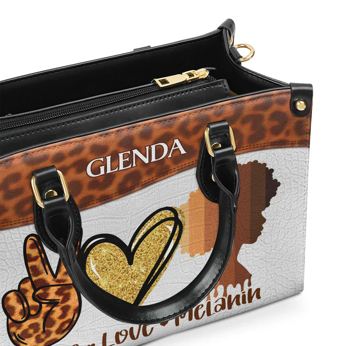Peace Love Melanin Leopard & Glitter Tote - Personalized Leather Handbag - Gift for Black Women | HD95 - Image 4