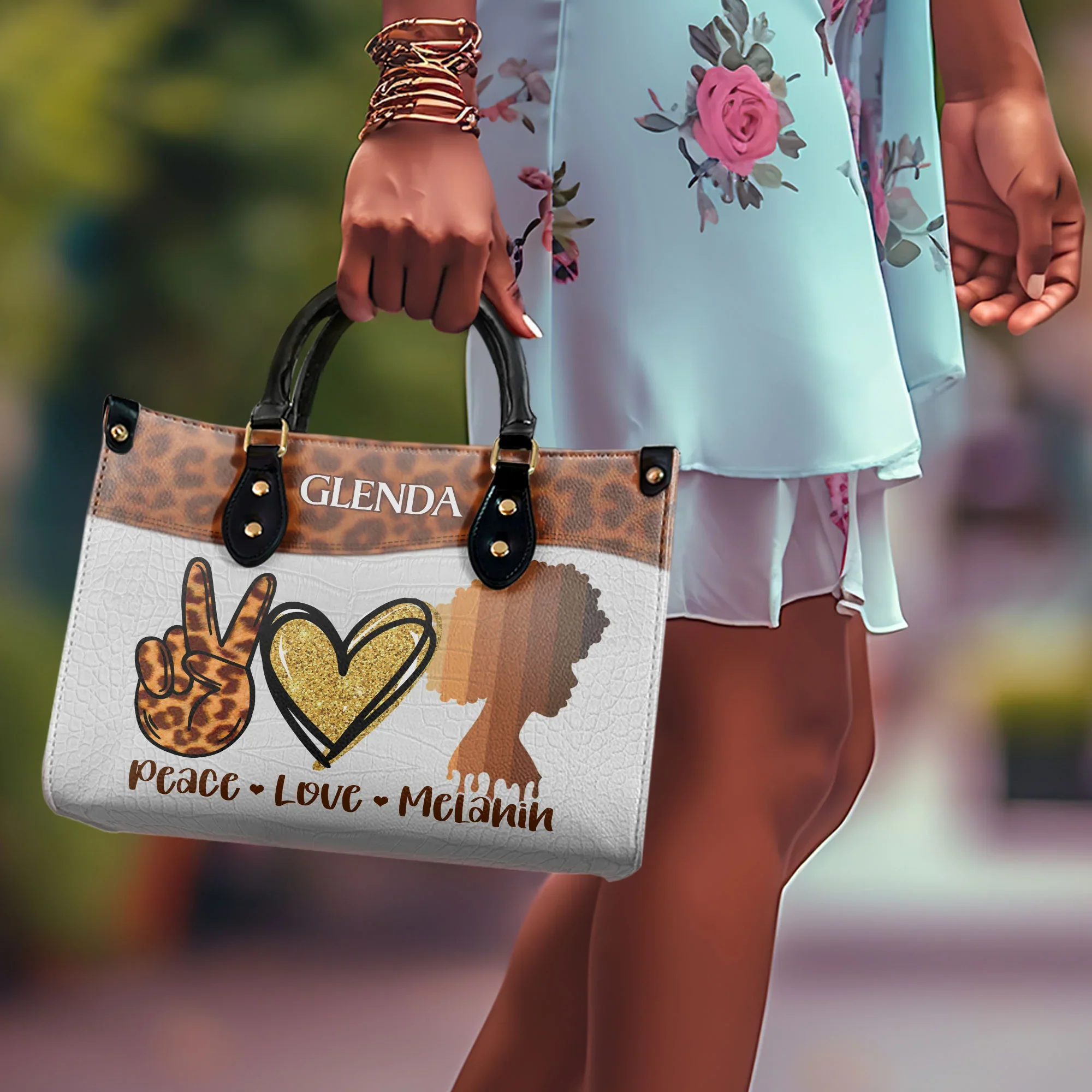 Peace Love Melanin Leopard & Glitter Tote - Personalized Leather Handbag - Gift for Black Women | HD95 - Image 6