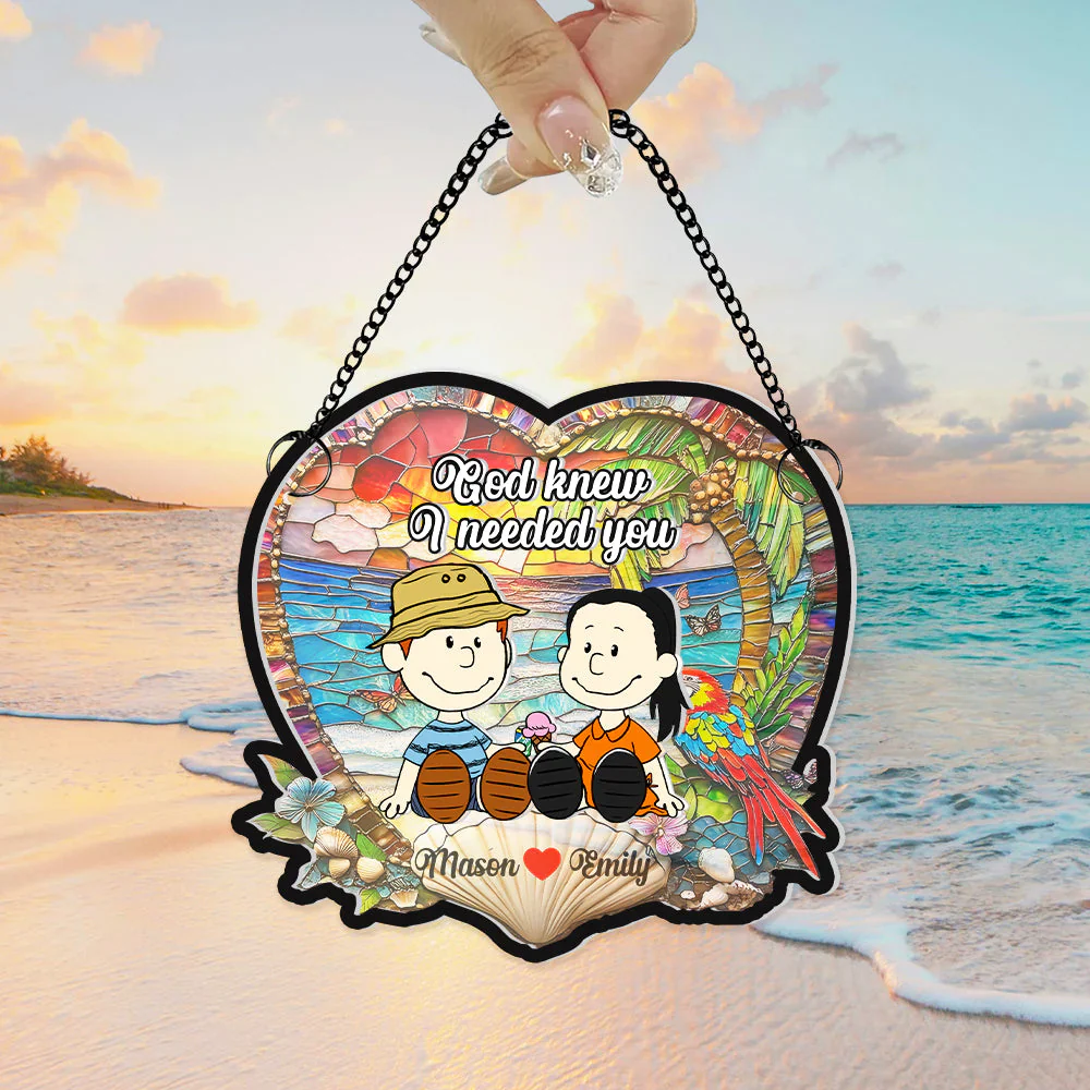 Peanu Couple God Know I Need You- Personalized Glass Window Hanging Suncatcher Ornament - Gift For Couple, Summer Vacation | GR15 - Image 2