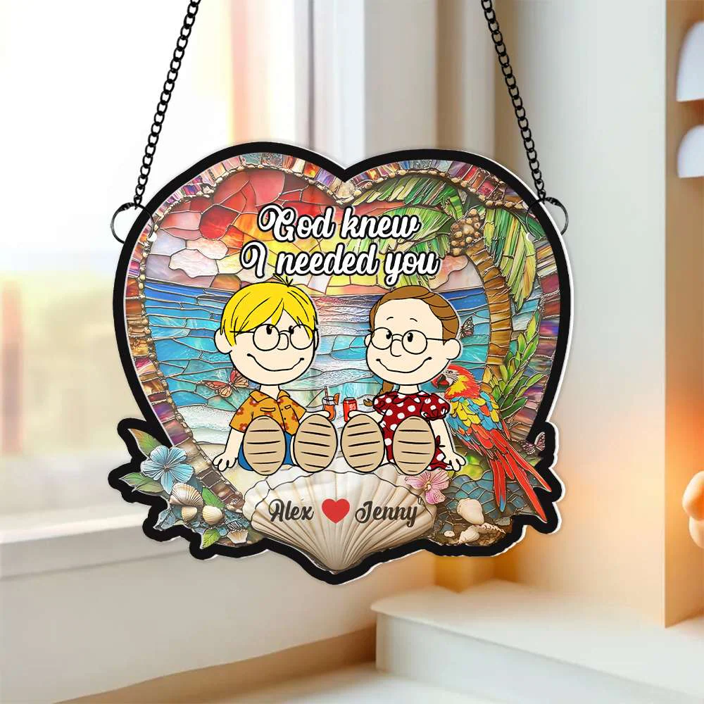 Peanu Couple God Know I Need You- Personalized Glass Window Hanging Suncatcher Ornament - Gift For Couple, Summer Vacation | GR15 - Image 3