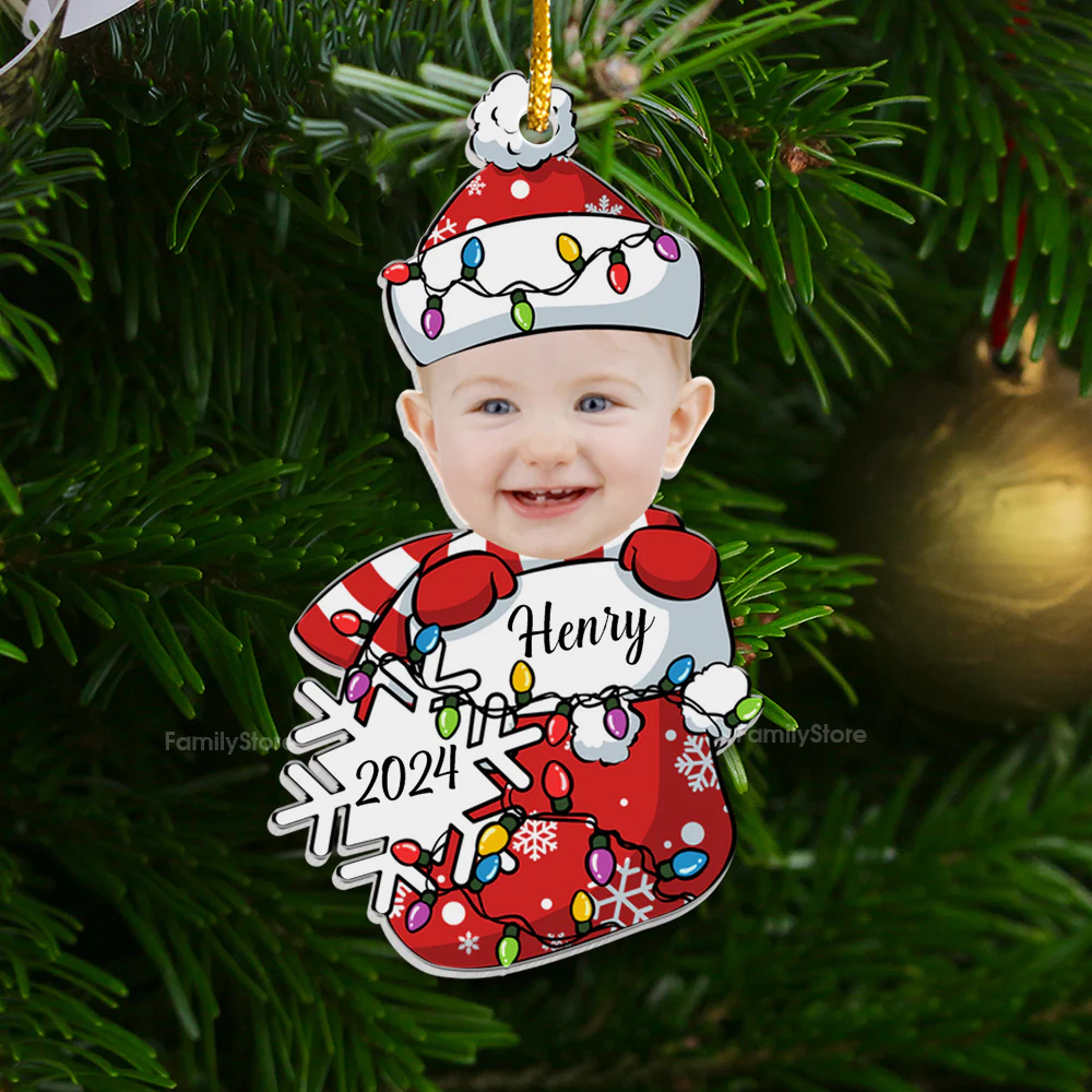 Custom Photo Peeking Baby First Christmas - Gift For Mom, Dad, Baby - Personalized Acrylic Ornament - NA94