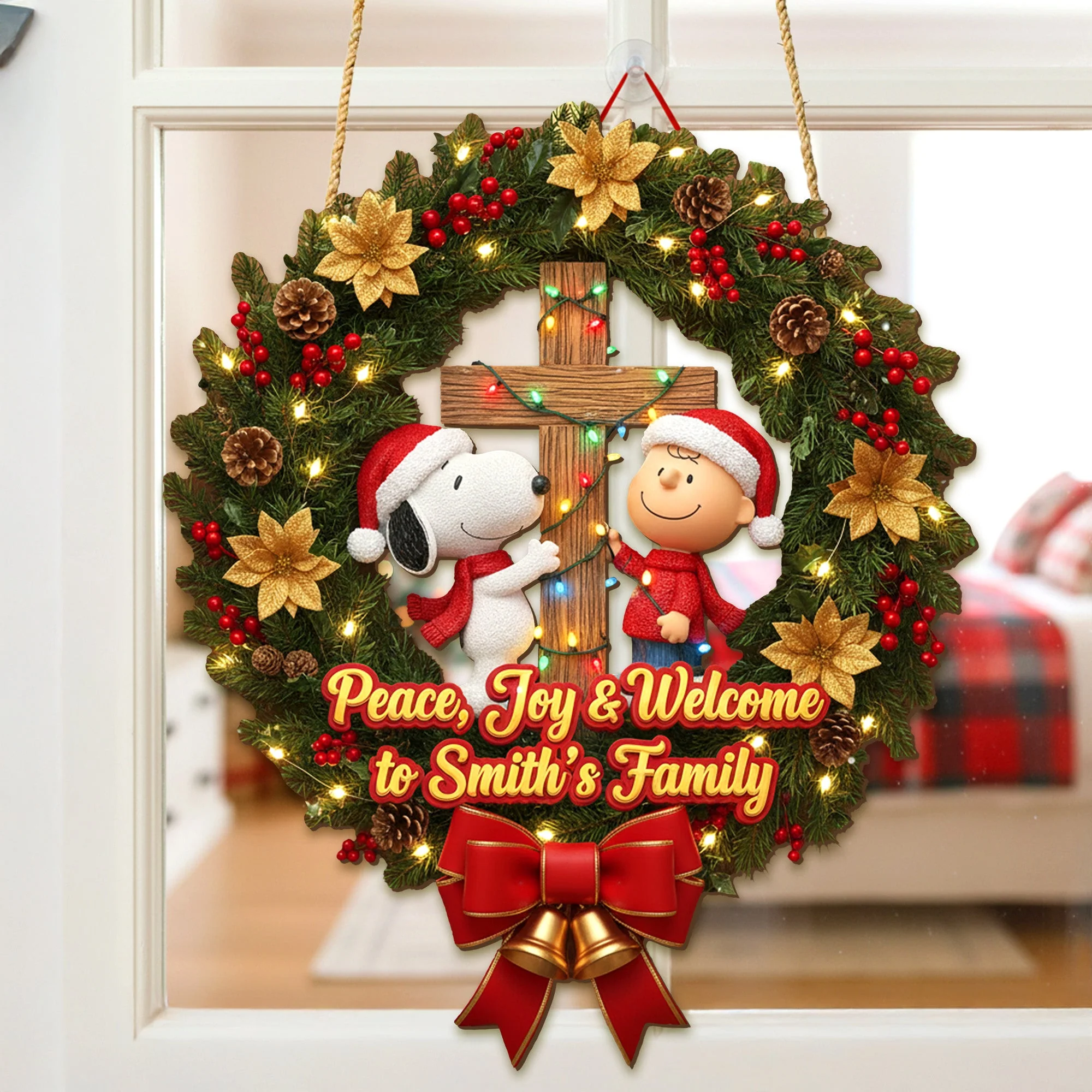 Penu Peace, Joy & Welcome To My Family - Personalized Wood Sign - Christmas Gifts For Christian Family HH01