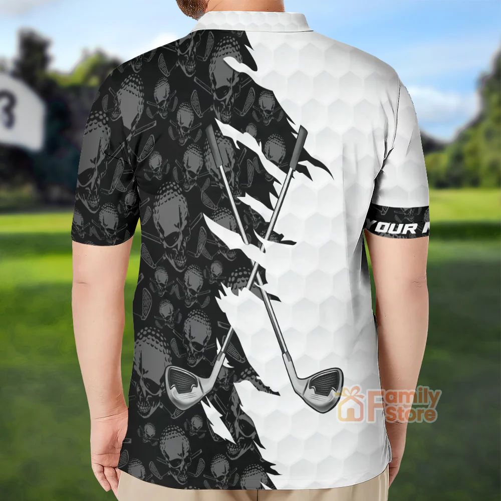 Black And White Skull Pattern Golf - Personalized Men Polo Shirt - Image 2
