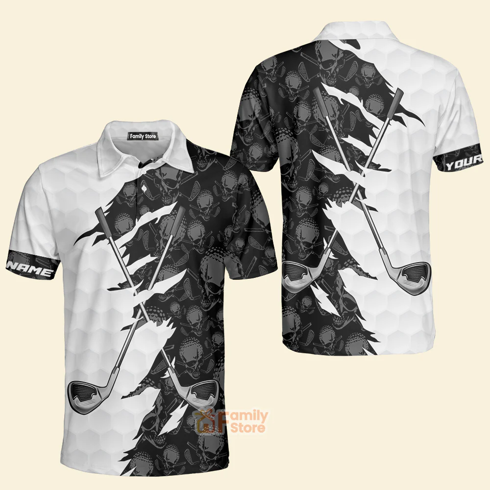 Black And White Skull Pattern Golf - Personalized Men Polo Shirt - Image 4