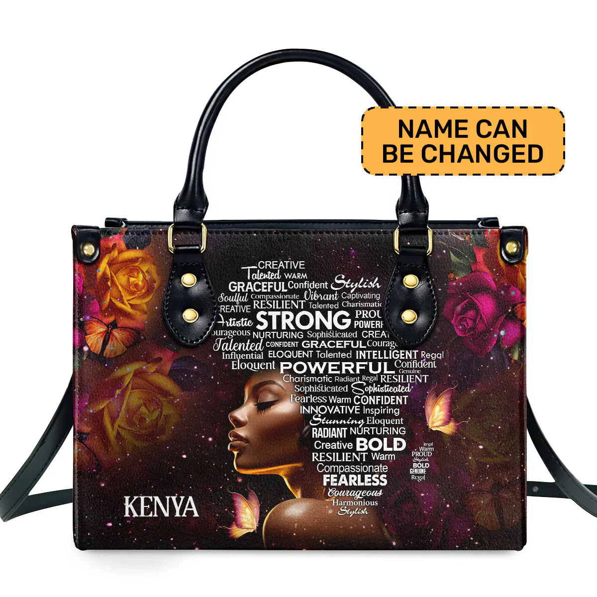 Personalized Black Queen Leather Handbag - Empowered Woman Word Art - Gift For Black Woman | HD95