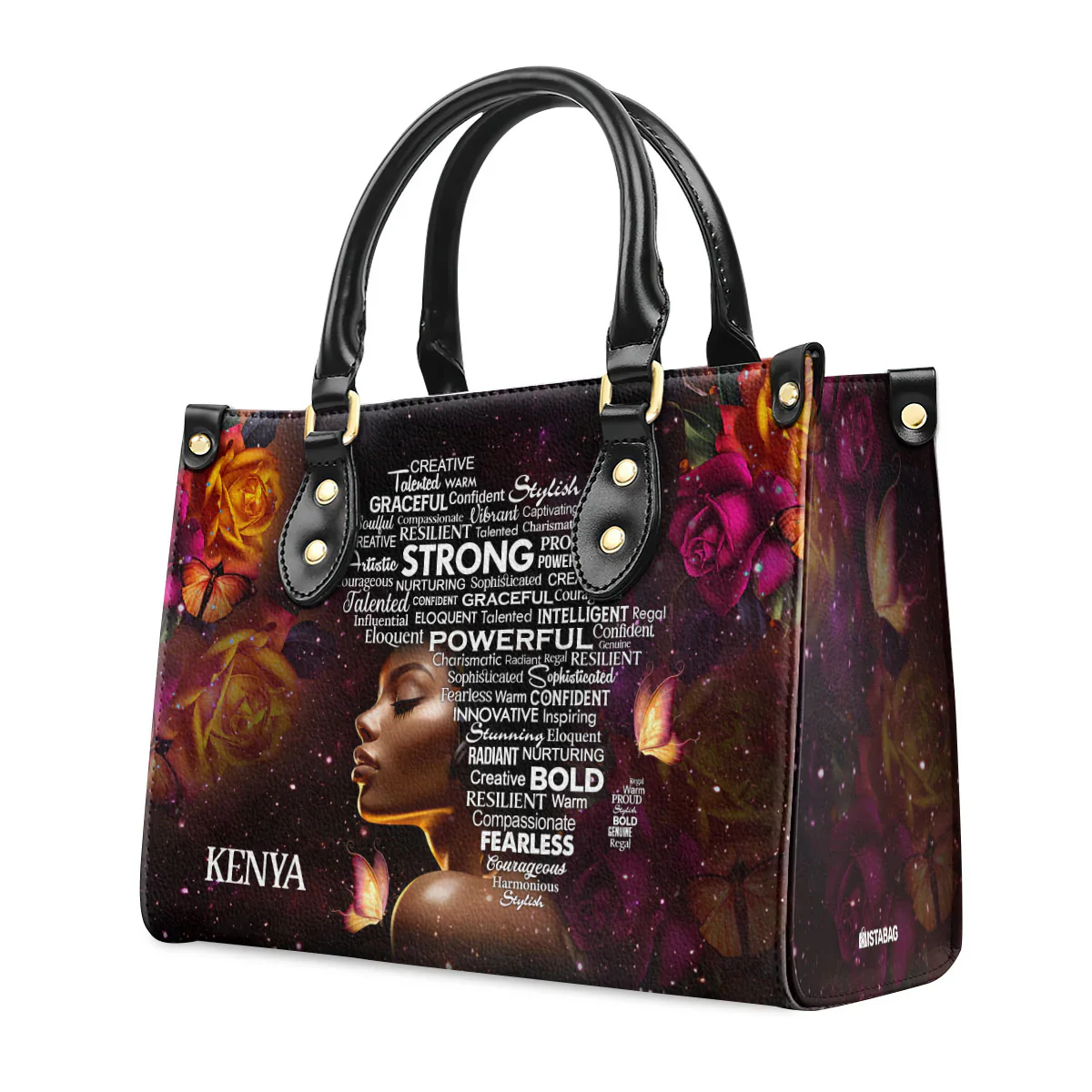 Personalized Black Queen Leather Handbag - Empowered Woman Word Art - Gift For Black Woman | HD95 - Image 2