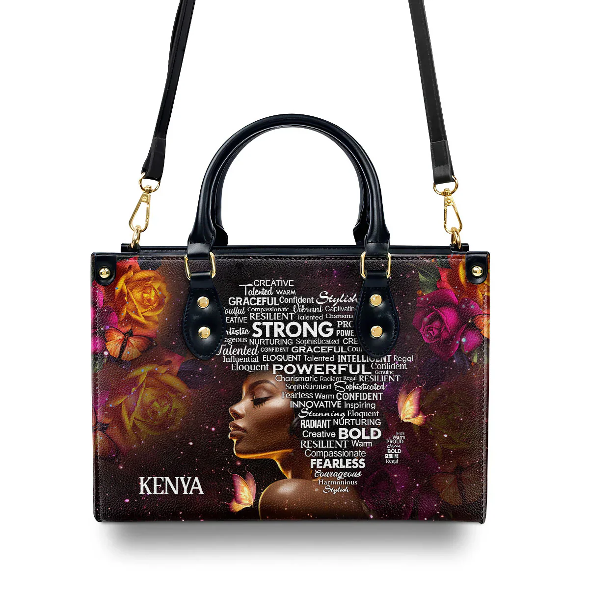 Personalized Black Queen Leather Handbag - Empowered Woman Word Art - Gift For Black Woman | HD95 - Image 3