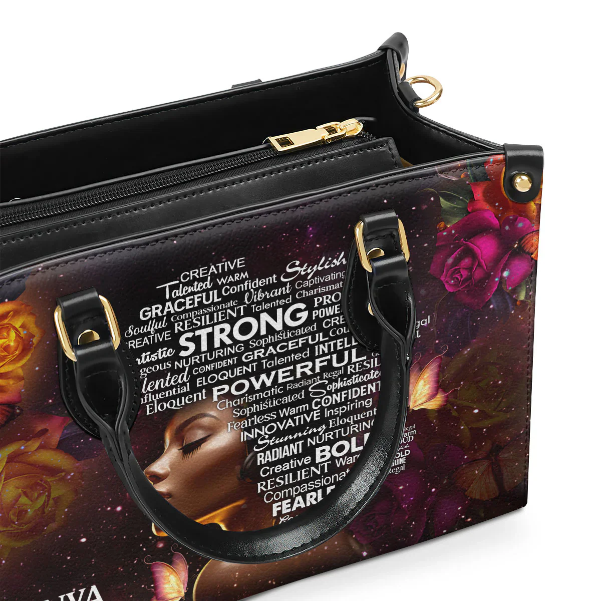 Personalized Black Queen Leather Handbag - Empowered Woman Word Art - Gift For Black Woman | HD95 - Image 4
