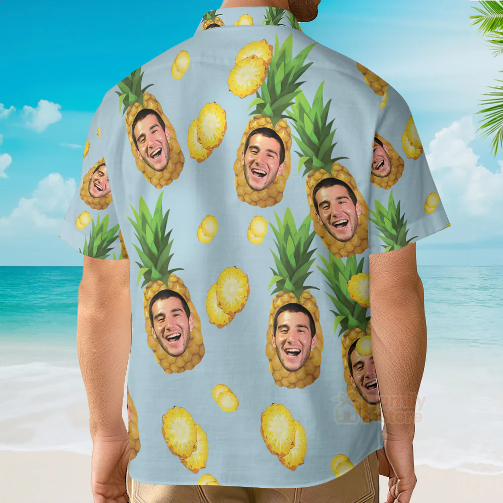 Custom Face Blue Funny Pineapple Aloha - Personalized Hawaiian Shirt - Image 2