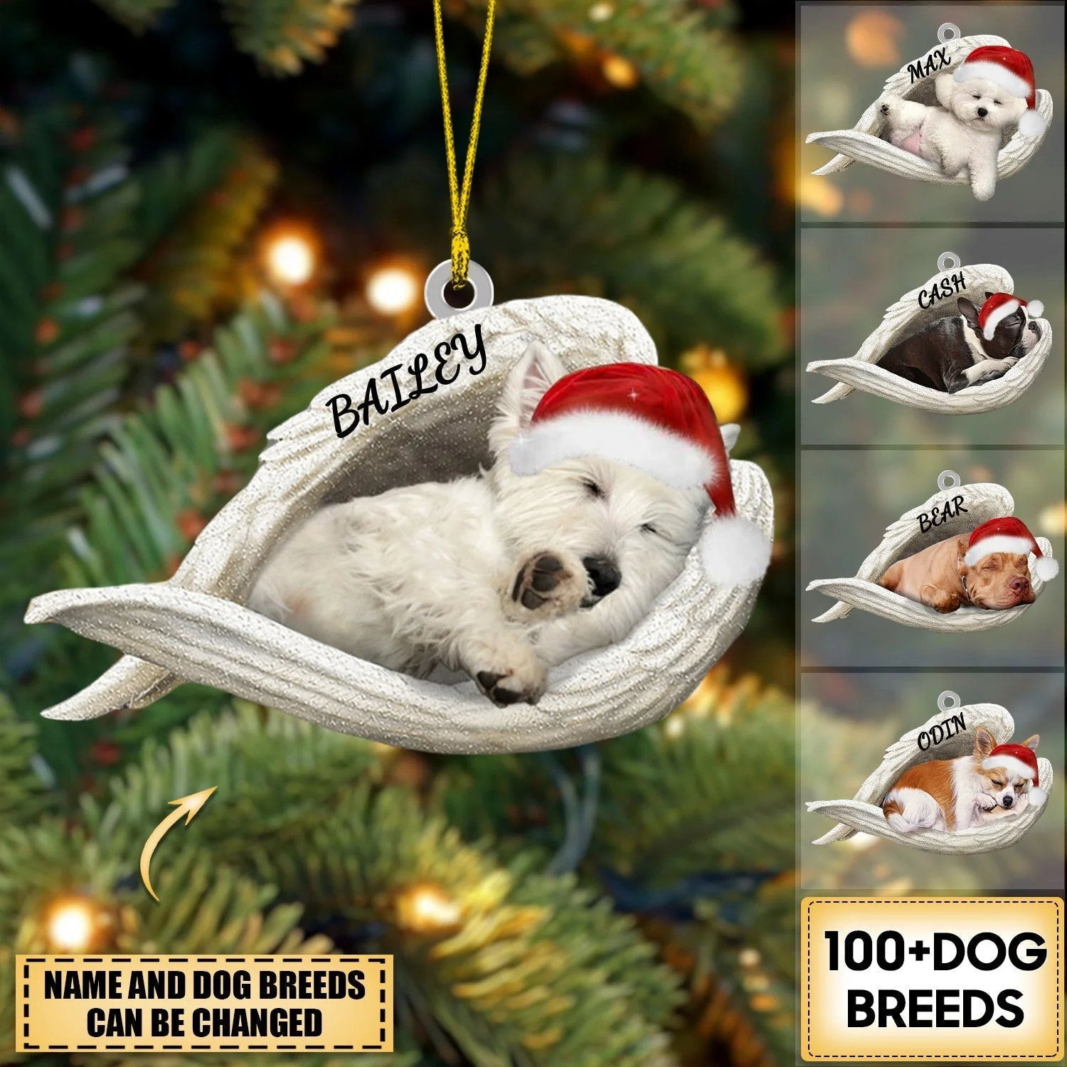 Personalized Breed Dog Sleeping Angel Merry Christmas - Ornament Custom Photo