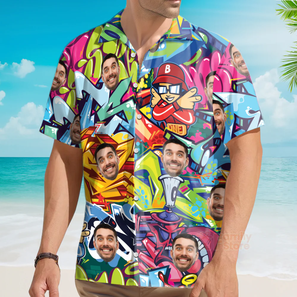 Custom Face Funny Family Colorful Graffiti Hip Hop Style - Personalized Hawaiian Shirt