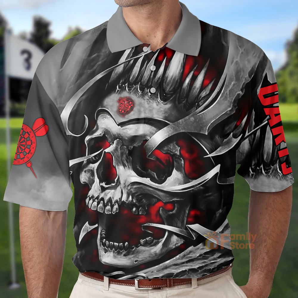 Custom Name Multicolor Teal Skull Darts All Over Printed - Personalized Men Polo - Image 5