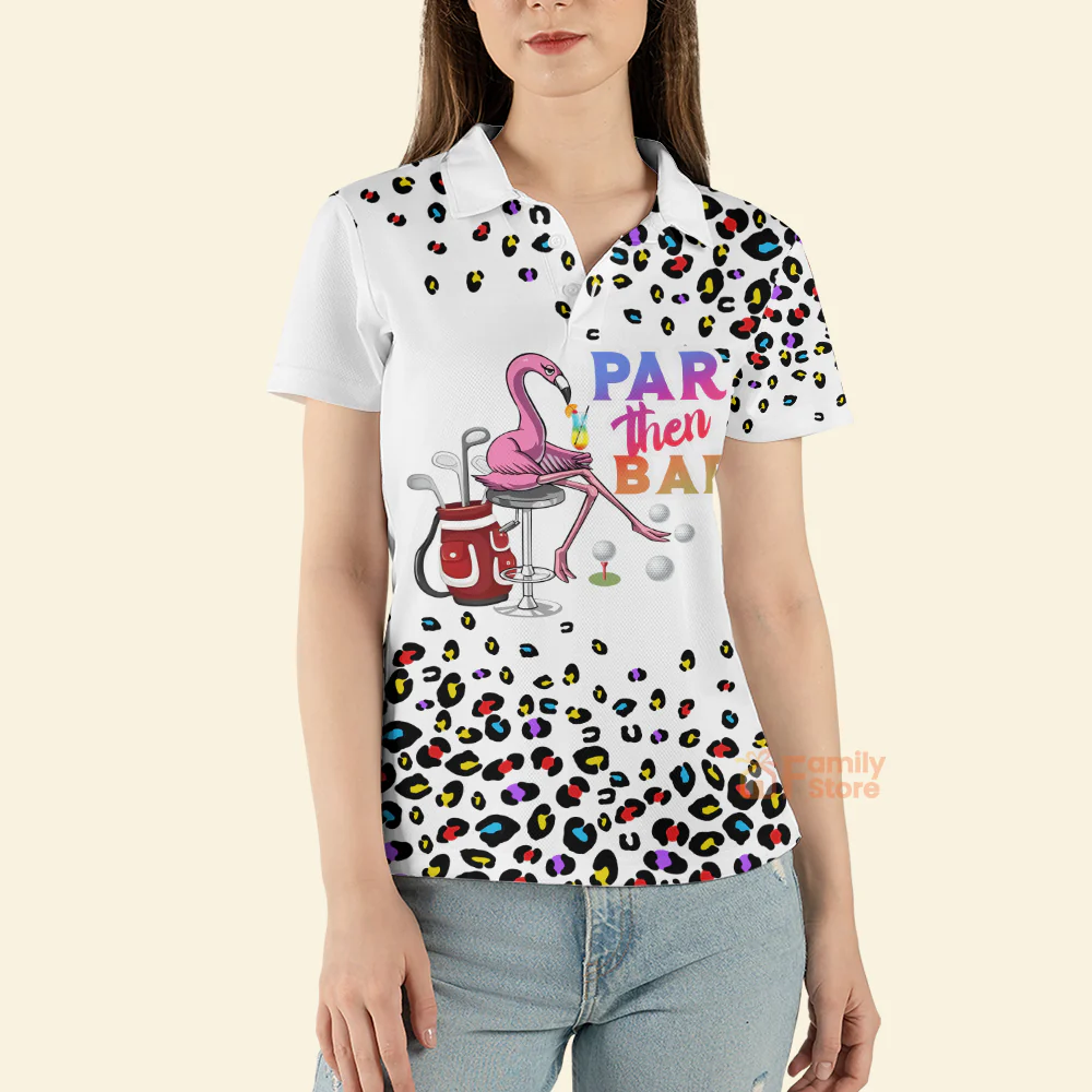 Pink Leopard Par Then Bar Flamingo Cocktail Women Golf Polo - Image 4
