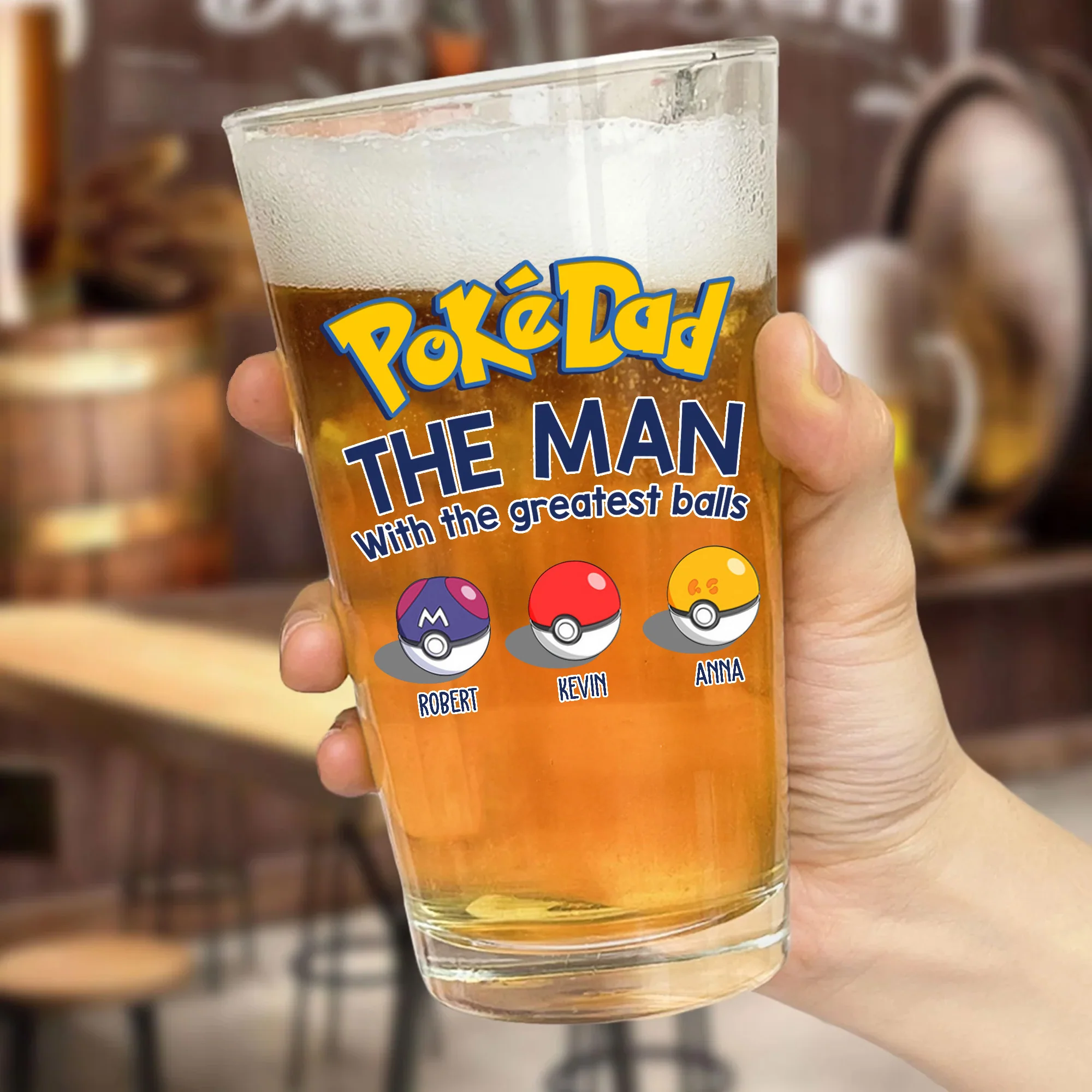 Pokedad The Man With The Greatest Balls - Gift For Father's Day - Personalized Beer Glass - Image 3