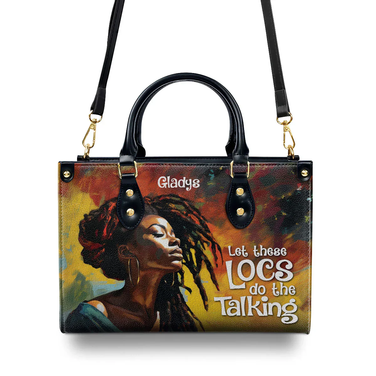 Powerful Afro Art Gladys’s Locs Tote - Afrocentric Personalized Leather Handbag - Gift For Black Women | HD95 - Image 3