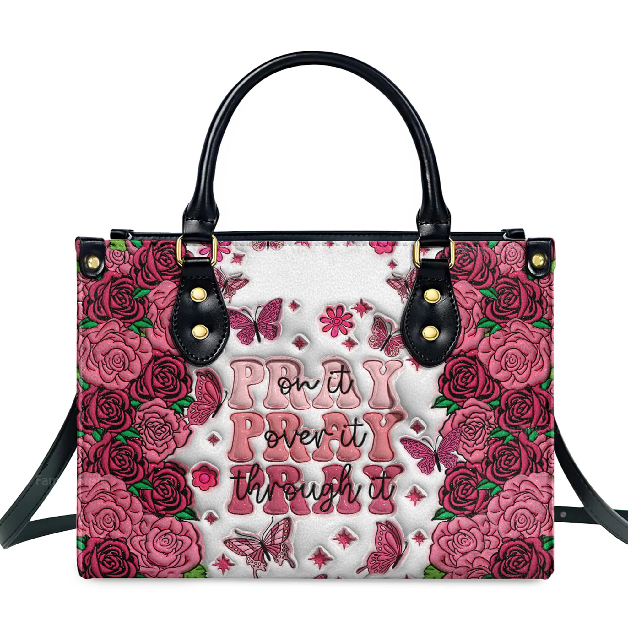 Pray 3D Effect Rose - Personalized Leather Handbag With Handle - AT4081402 - Image 2