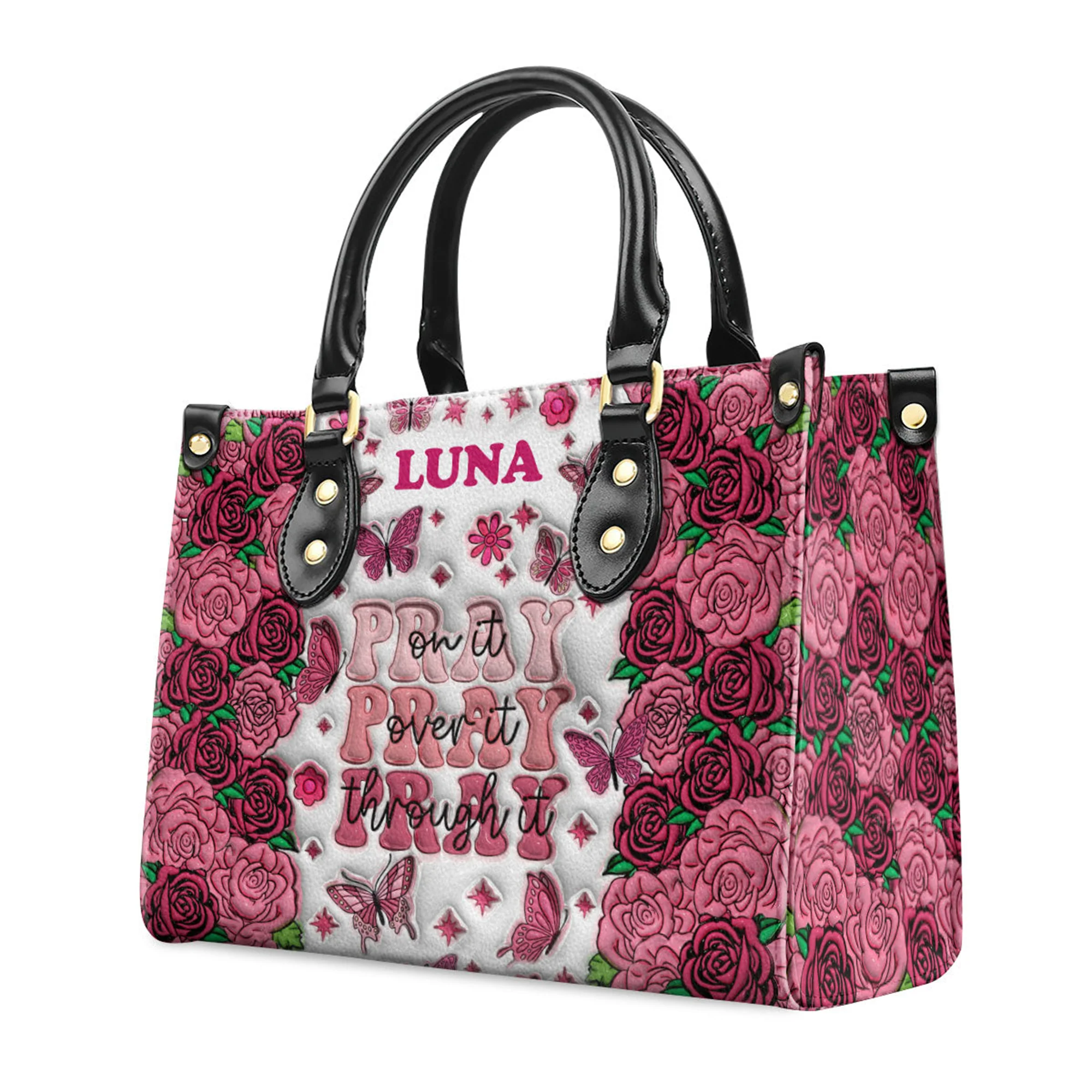 Pray 3D Effect Rose - Personalized Leather Handbag With Handle - AT4081402 - Image 3