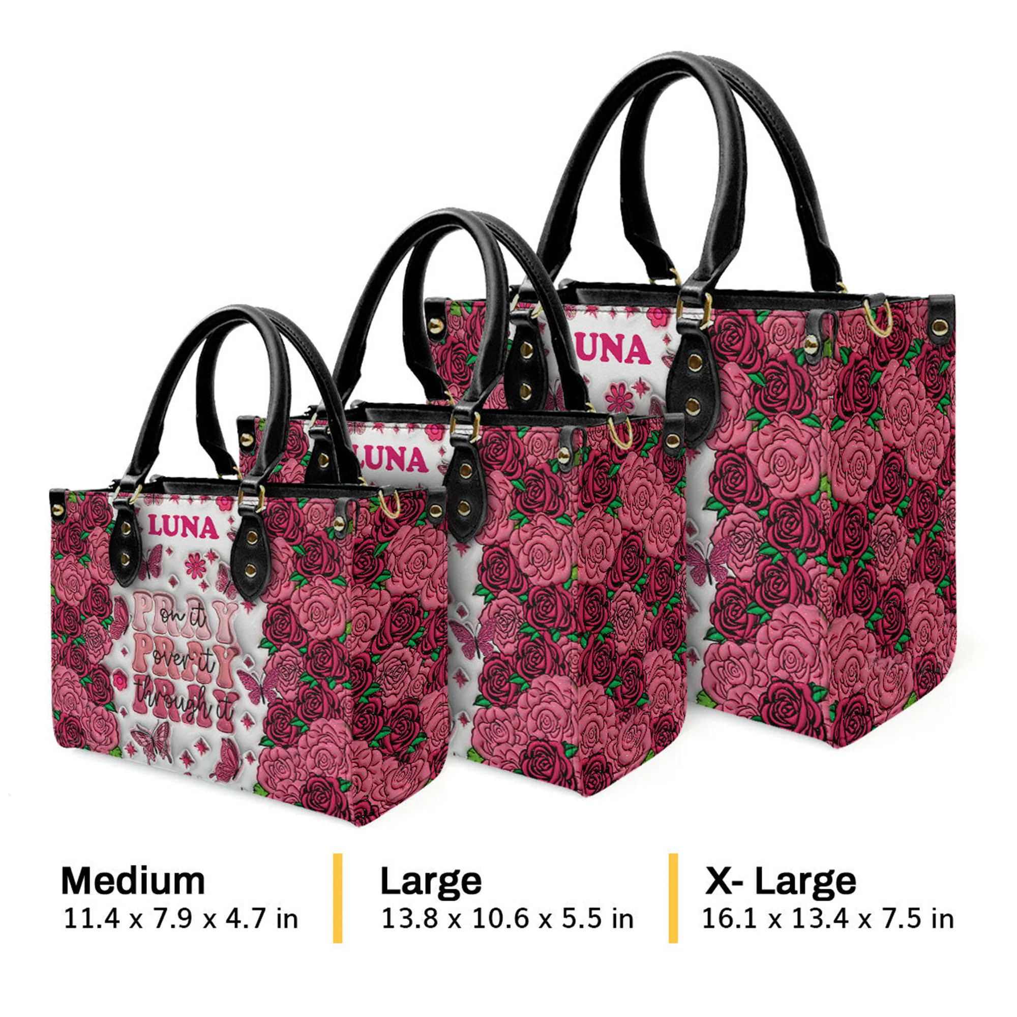 Pray 3D Effect Rose - Personalized Leather Handbag With Handle - AT4081402 - Image 4