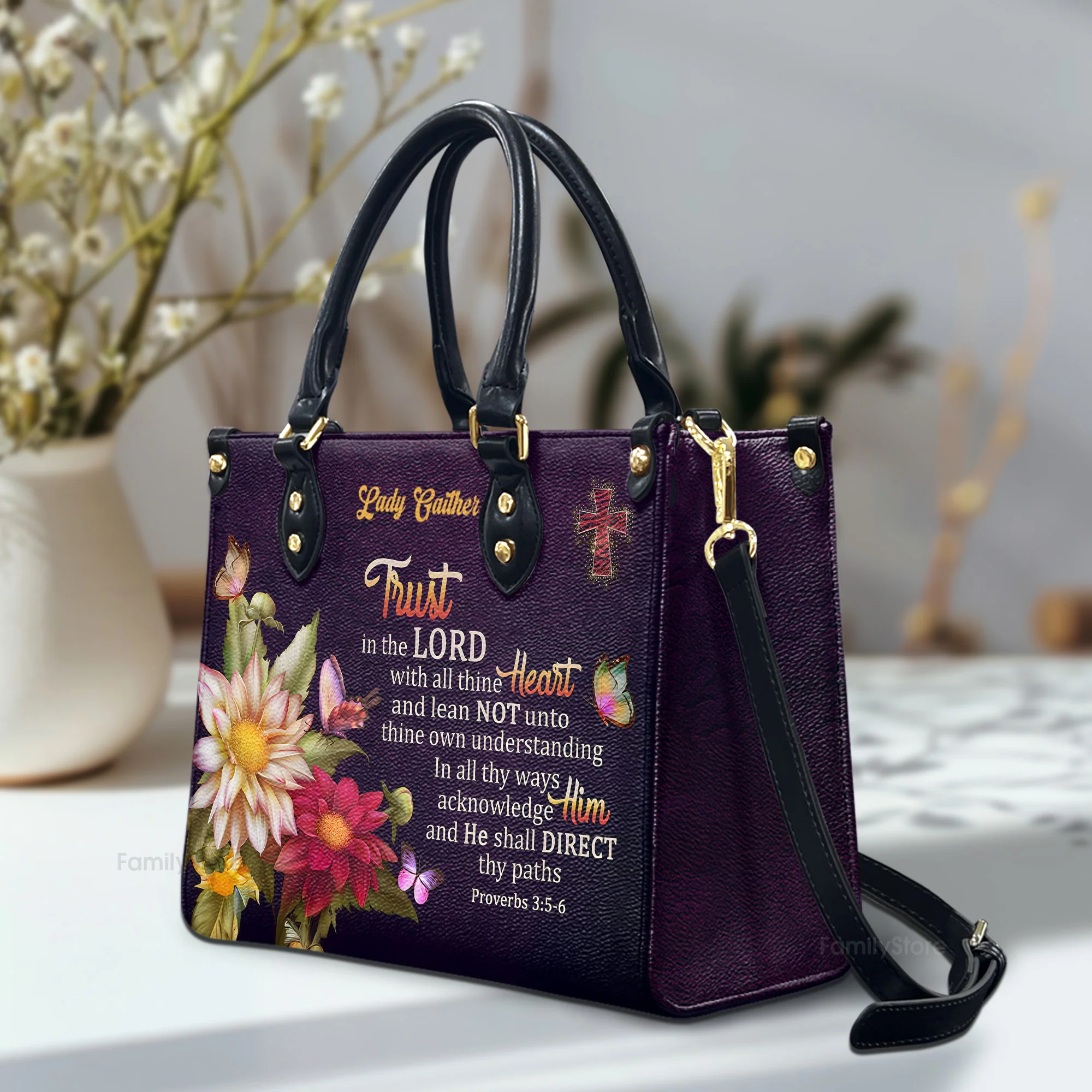 Proverbs 35-6 Trust In The Lord With All Thine Heart Flower And Cross - Scripture Gifts For Women Of God - Personalized Leather Handbag With Handle - AT4081310 - Image 2
