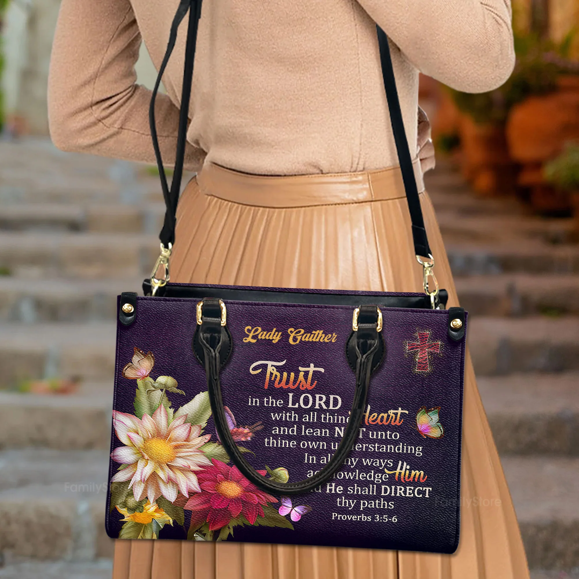 Proverbs 35-6 Trust In The Lord With All Thine Heart Flower And Cross - Scripture Gifts For Women Of God - Personalized Leather Handbag With Handle - AT4081310 - Image 3