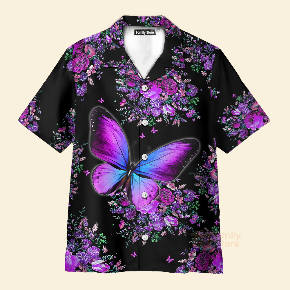 Purple Beautiful Butterfly Flowers Aloha Hawaiian Shirts For Men, Women